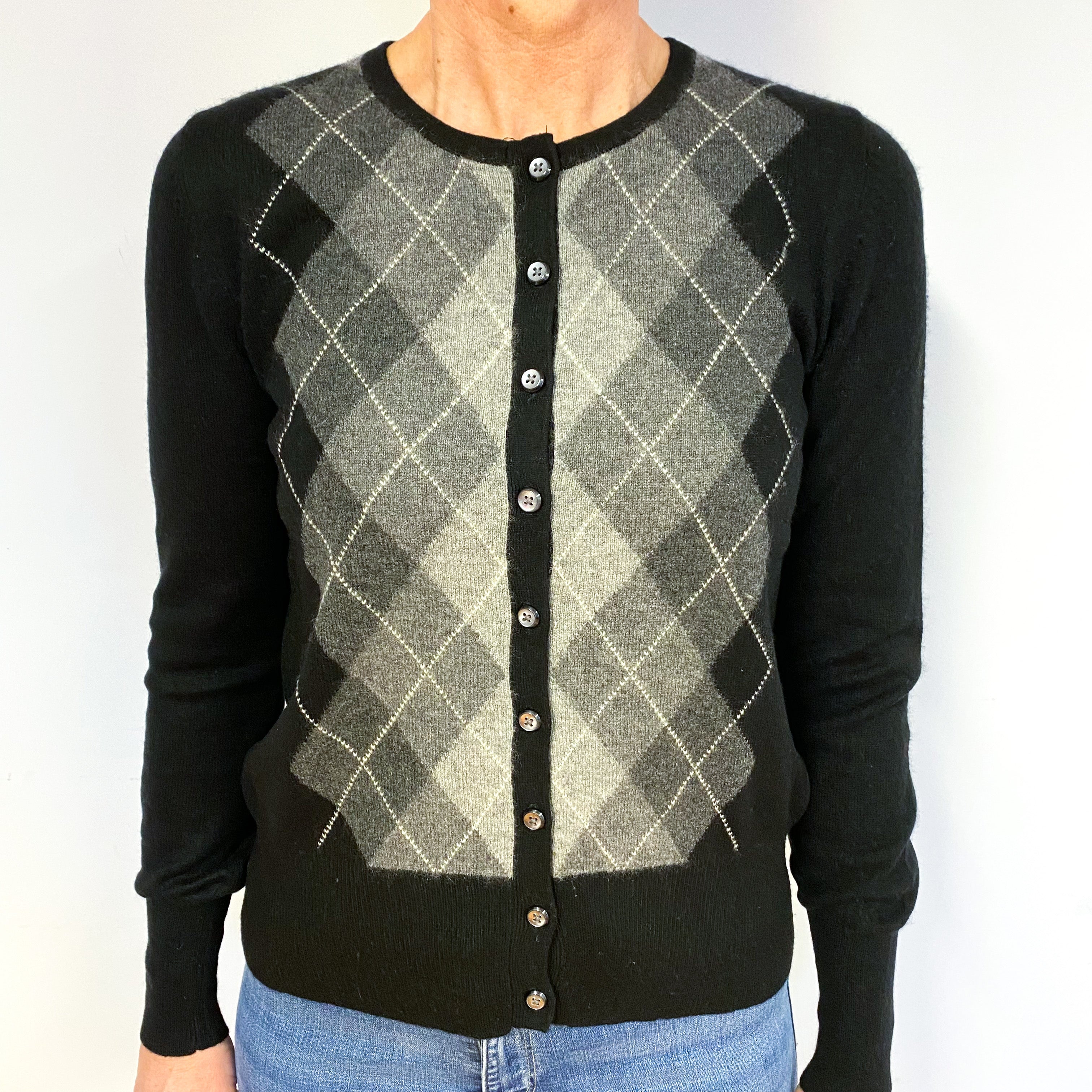 Black And Grey Argyle Cashmere Cardigan Medium