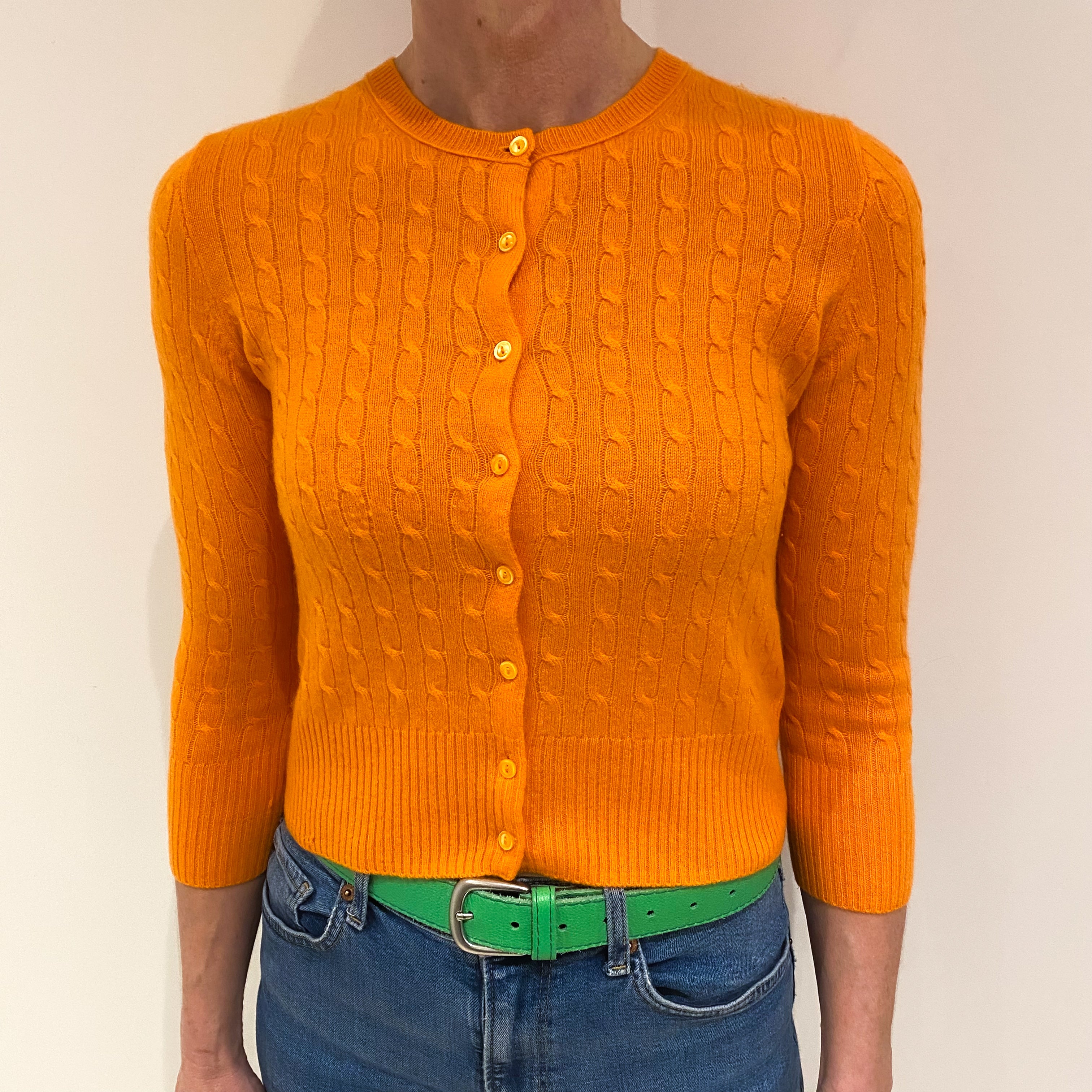 Tangerine Orange Cable Cashmere Crew Neck Cardigan Small