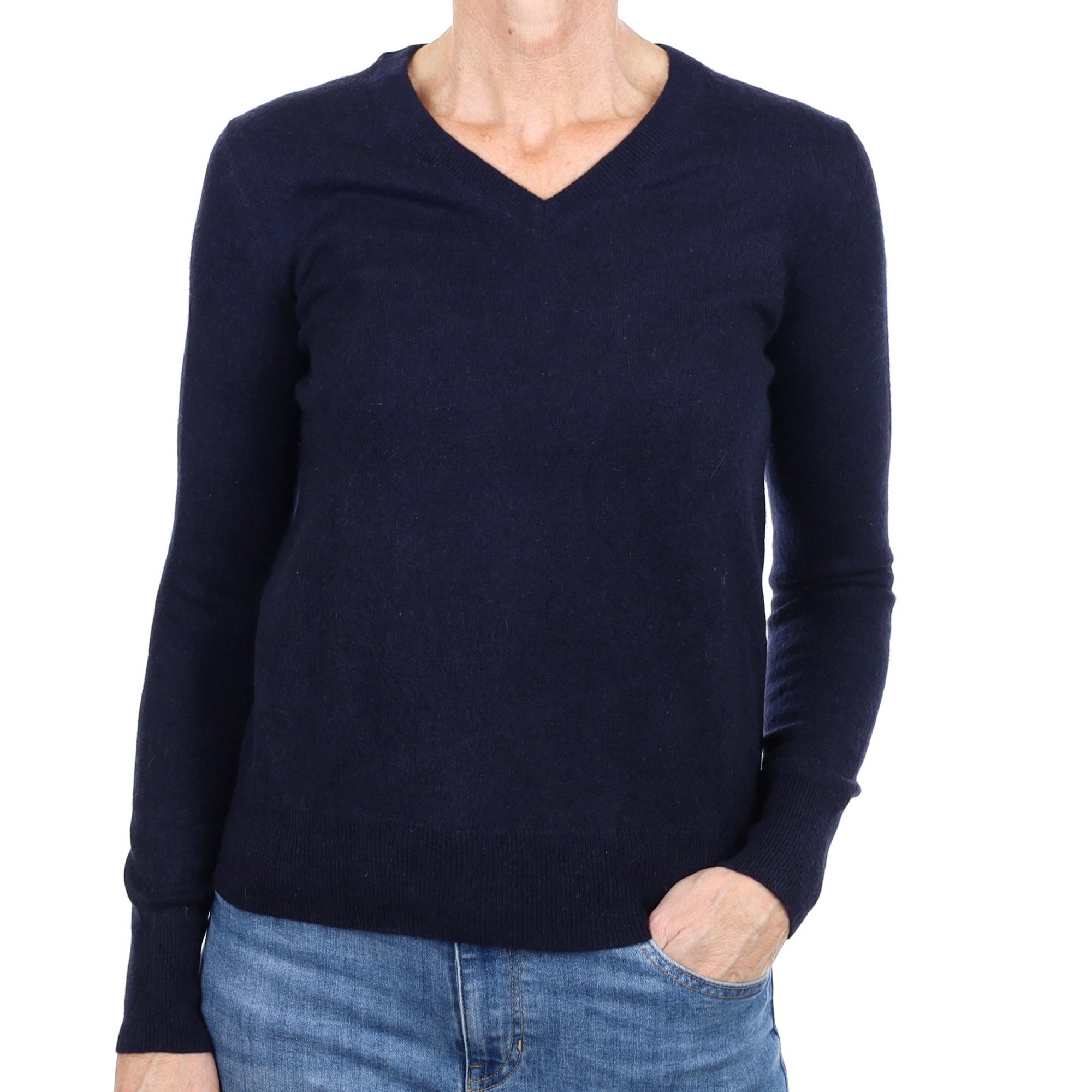 Navy Blue Cashmere V Neck Jumper Small