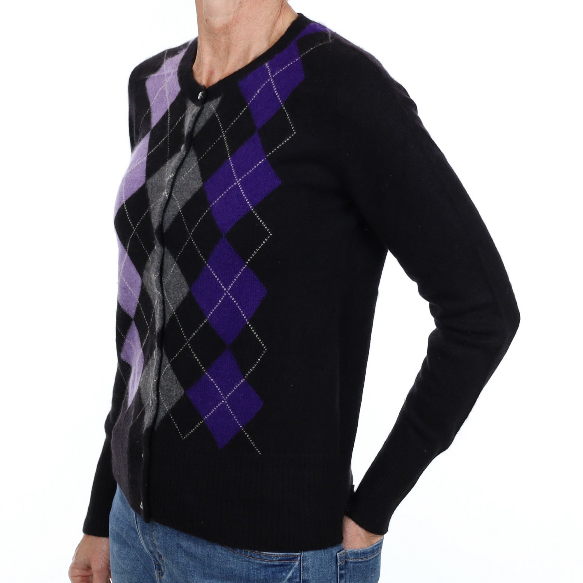 Black and Purple Argyle Cashmere Crew Neck Cardigan Small