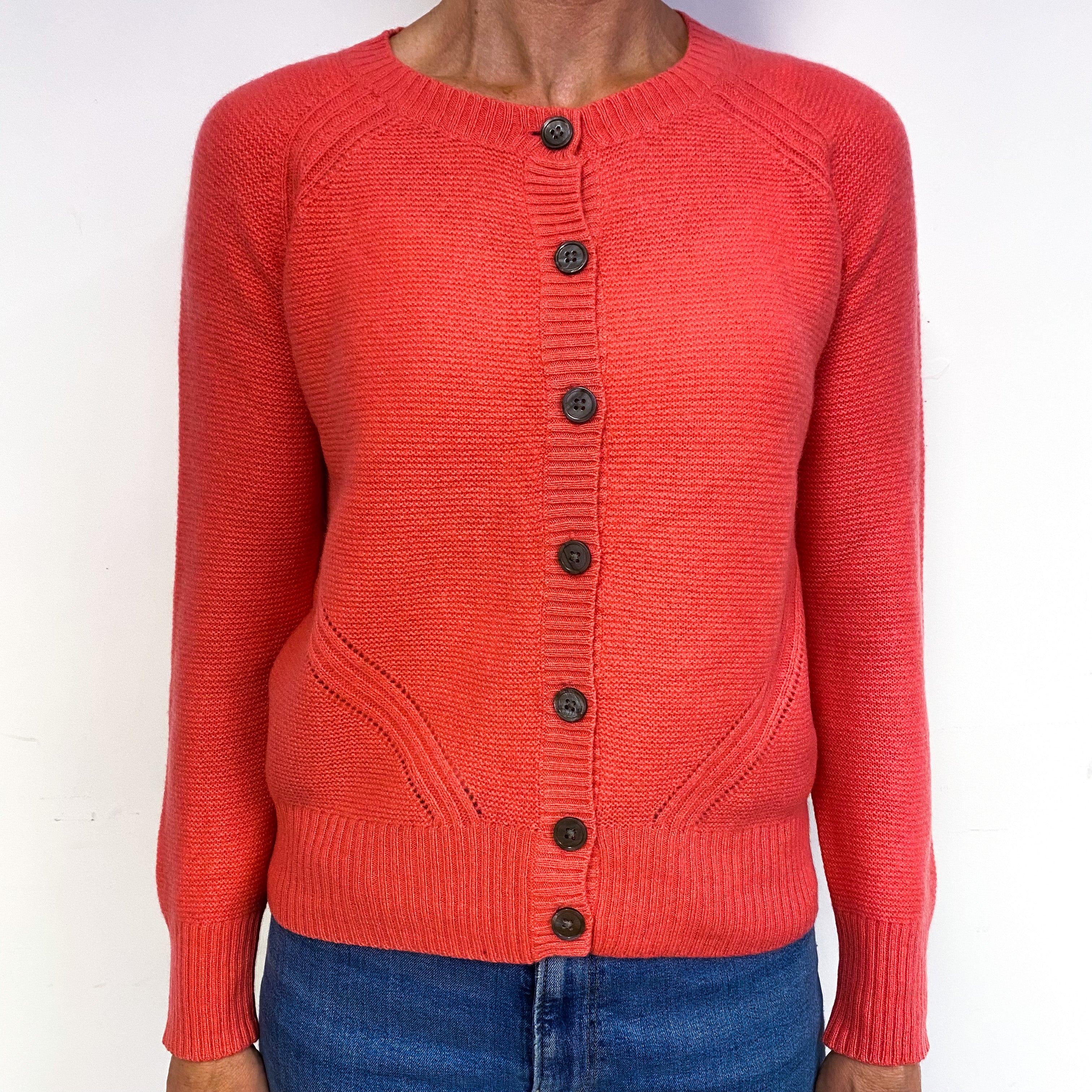 Deep Coral Orange Cashmere Crew Neck Cardigan Medium