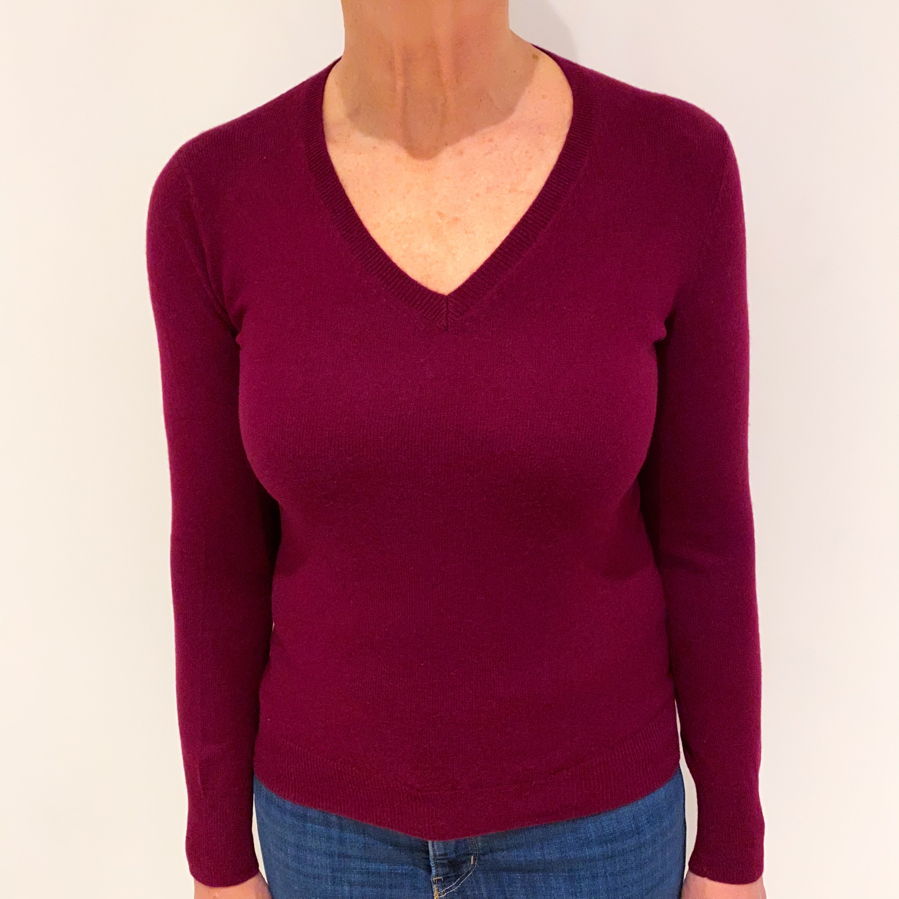 Burgundy Red Cashmere V Neck Jumper Medium