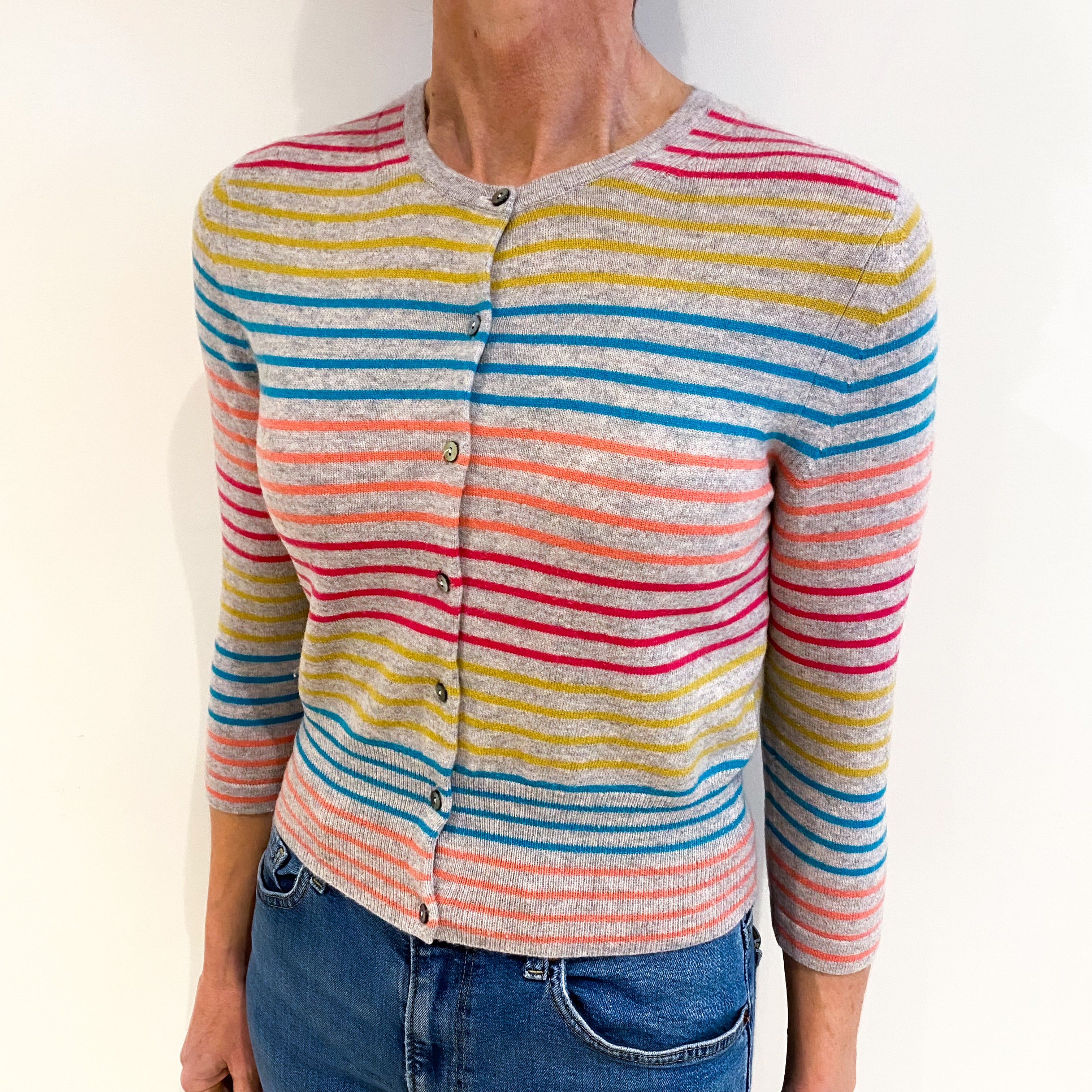 Grey With Multicoloured Stripe Cashmere Crew Neck Cardigan Small