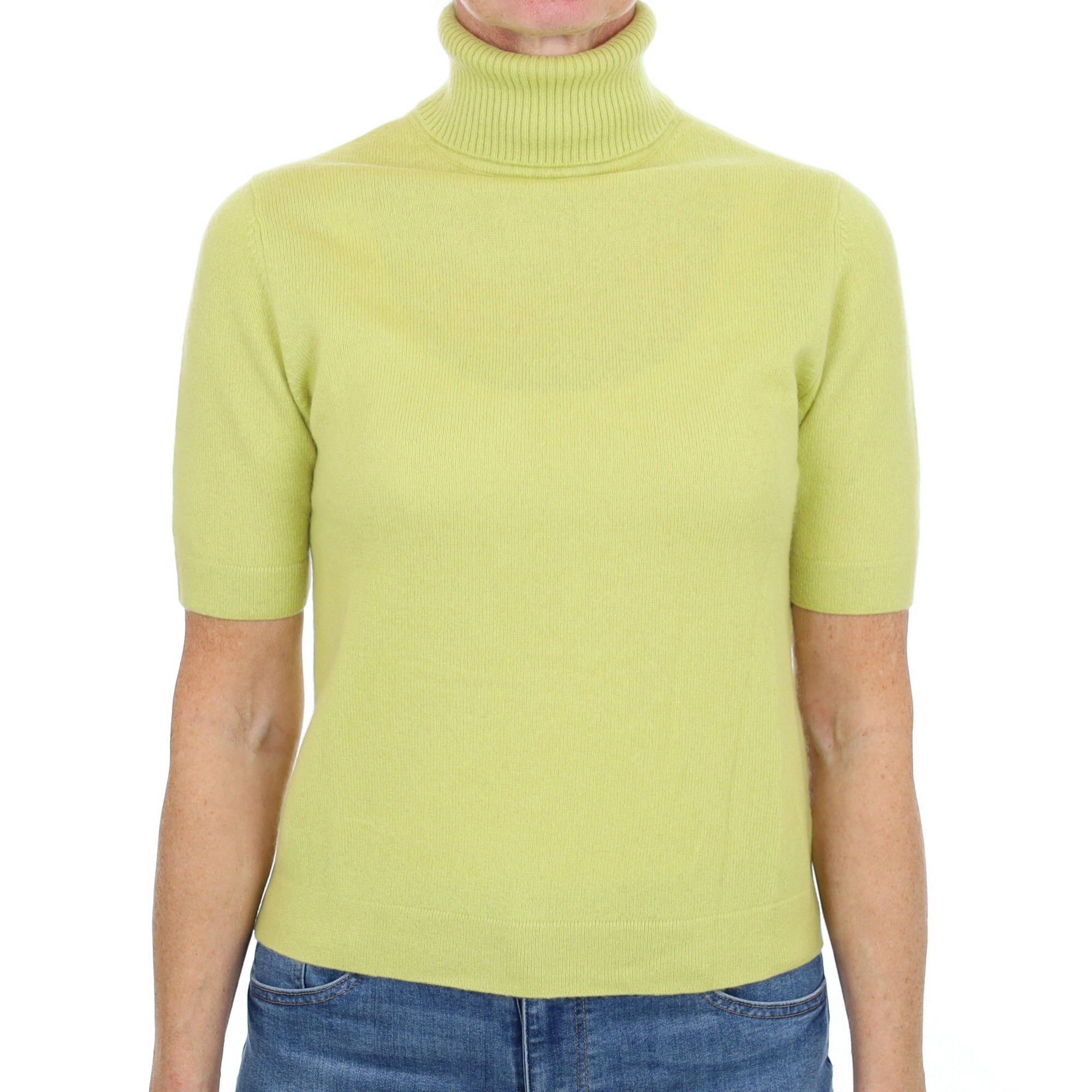 Key Lime Green Cashmere Polo Neck Short Sleeved Jumper Small