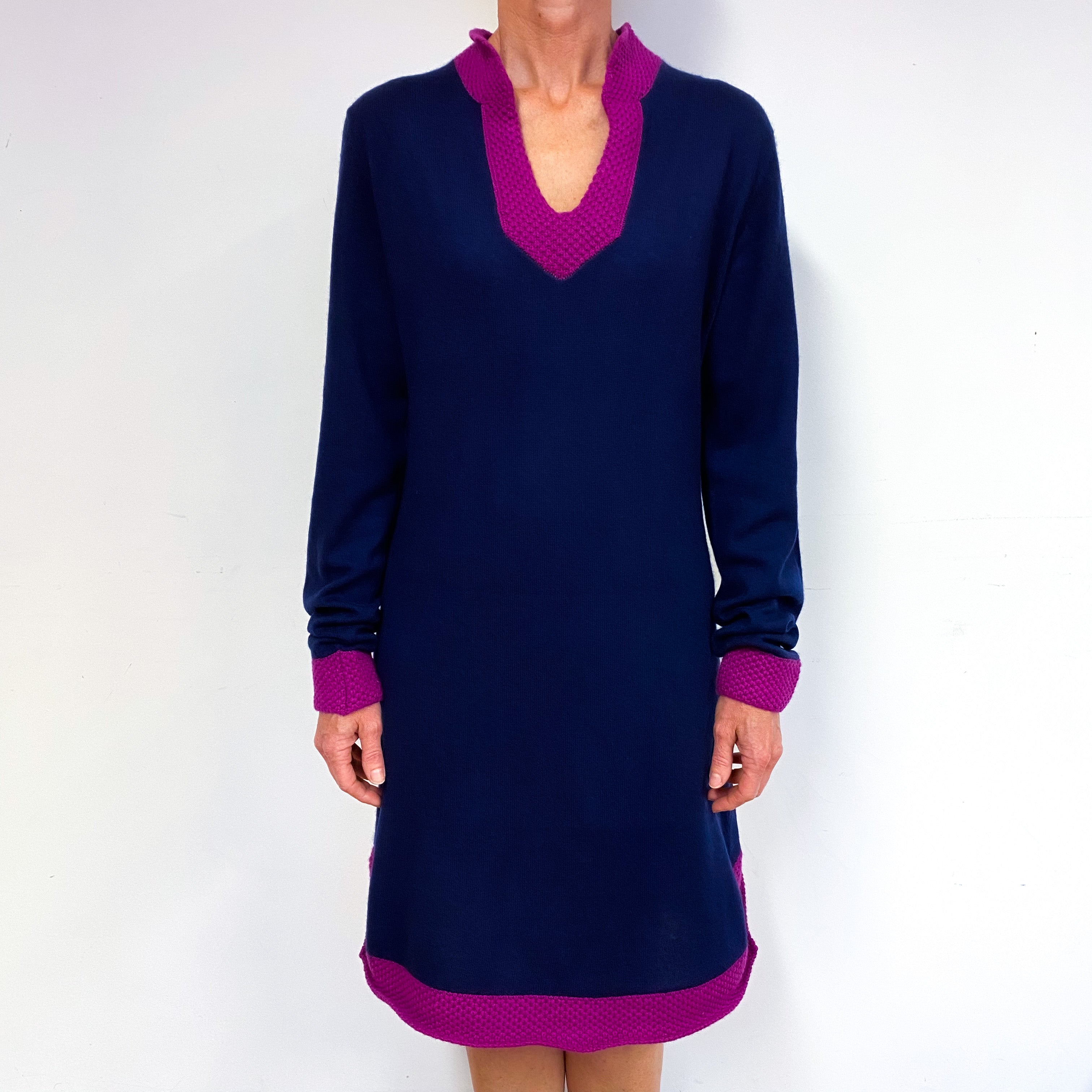 Navy Blue and Magenta Cashmere Notch Neck Dress Medium
