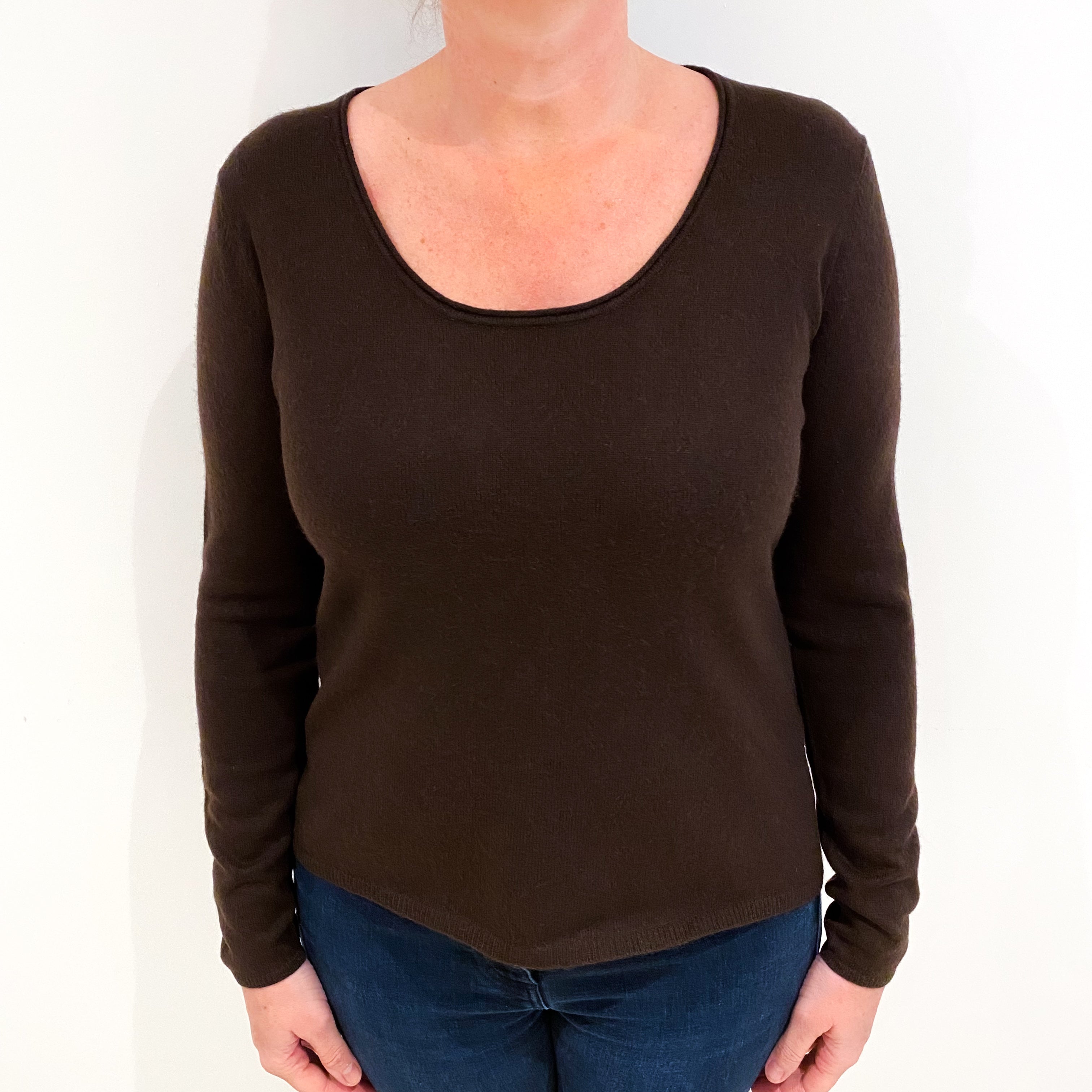 Chocolate Brown Cashmere Scoop Neck Jumper Large