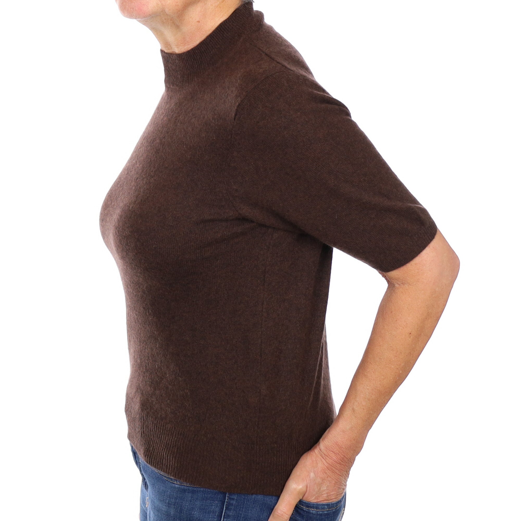 Umber Brown Cashmere Turtle Neck Short Sleeve Jumper Medium