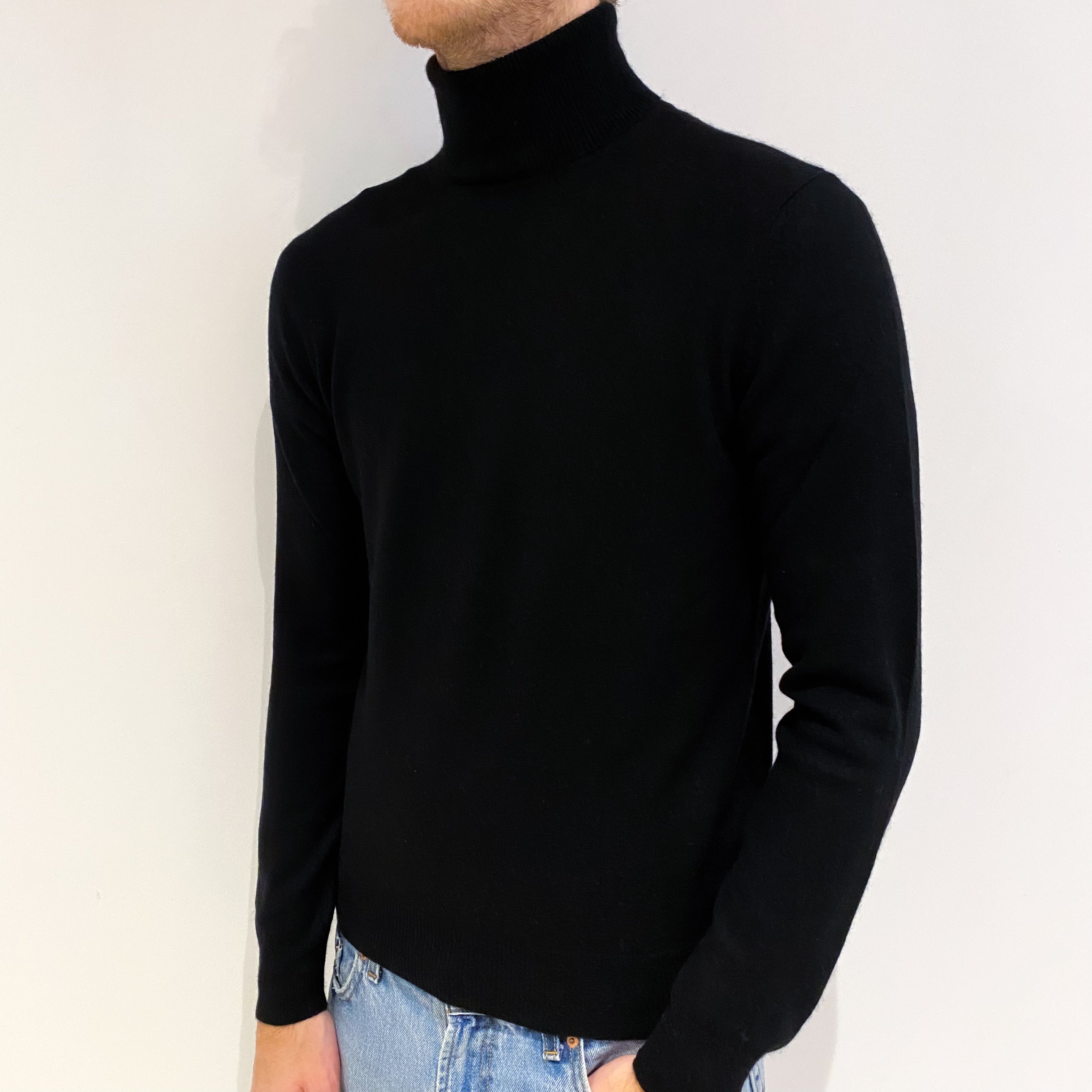 Men's Black Cashmere Polo Neck Jumper Medium