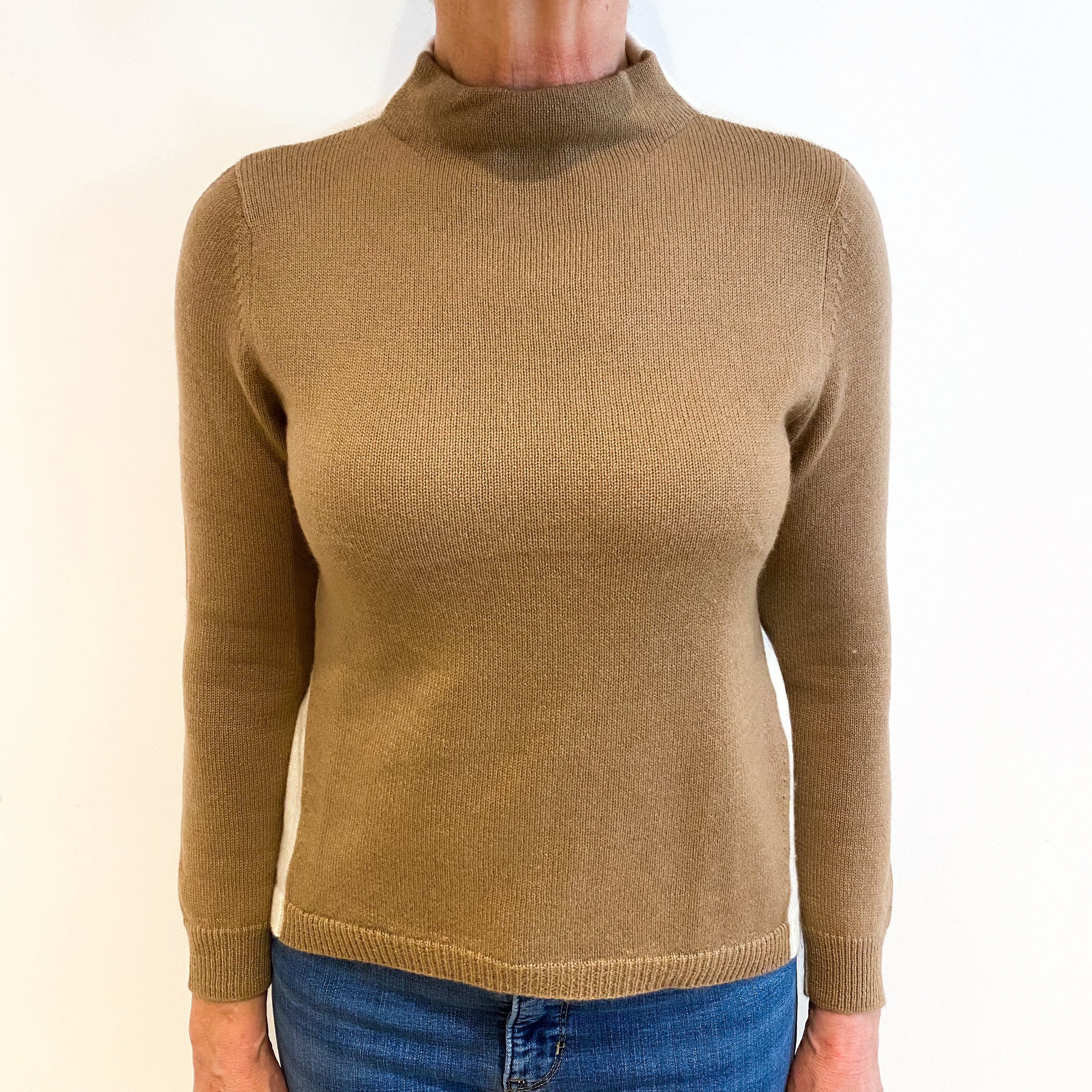 Camel And Cream Colour Block Cashmere Turtle Neck Jumper Medium