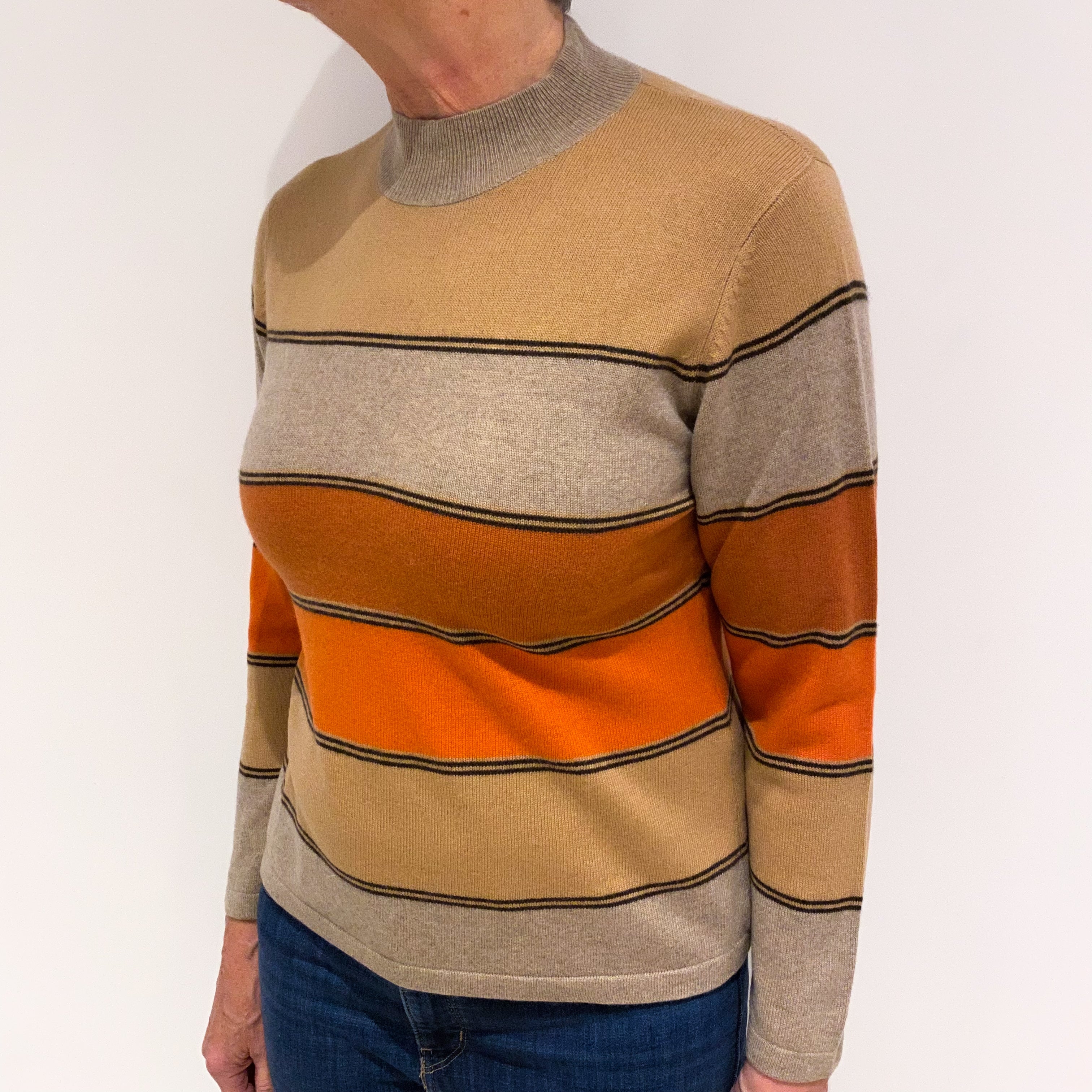 Biscuit Beige, Camel and Paprika Striped Cashmere Turtle Neck Jumper Medium