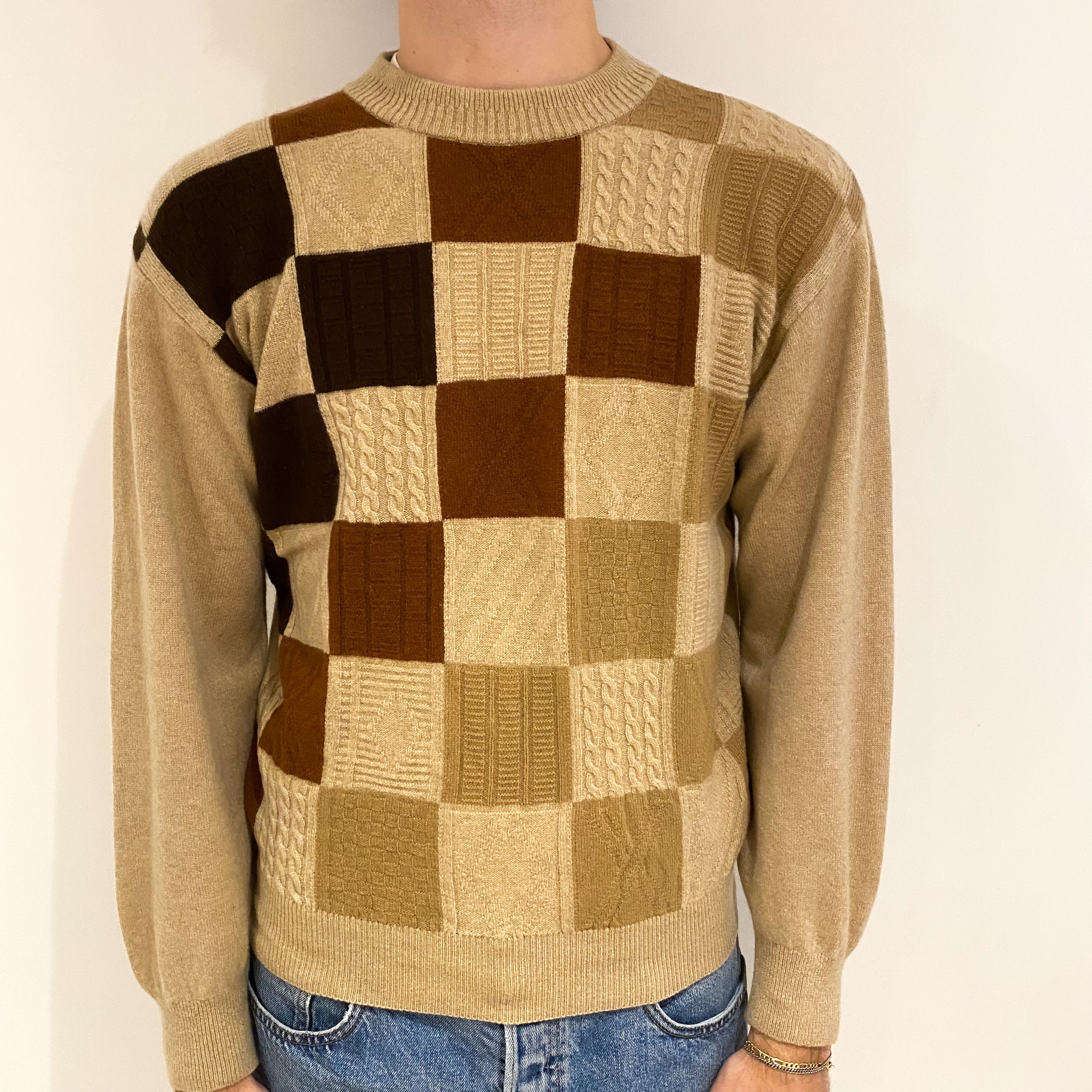 Men's Caramel Brown Patchwork Cashmere Crew Neck Jumper Large