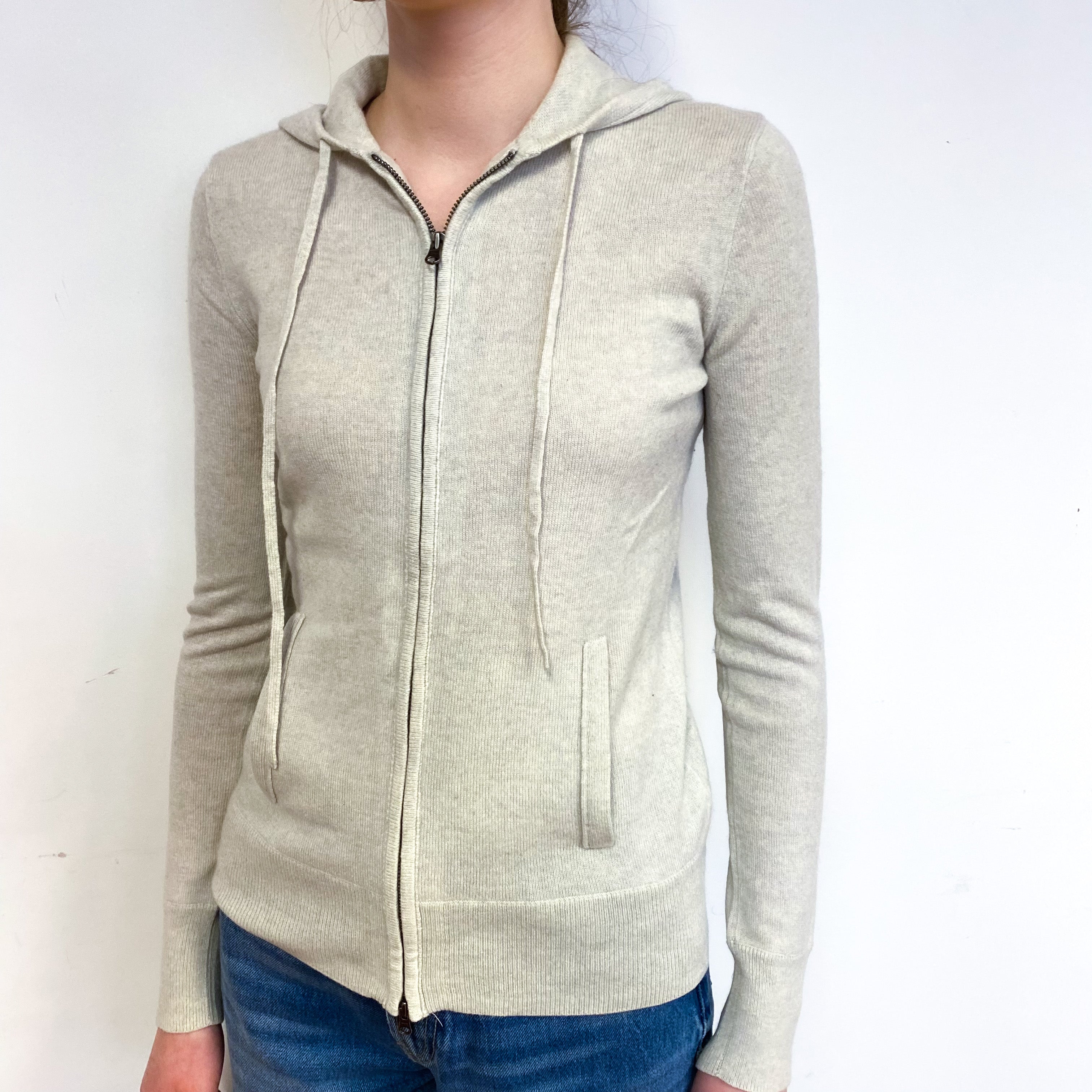 Oatmeal Beige Cashmere Zip Hoodie Cardigan Extra Small