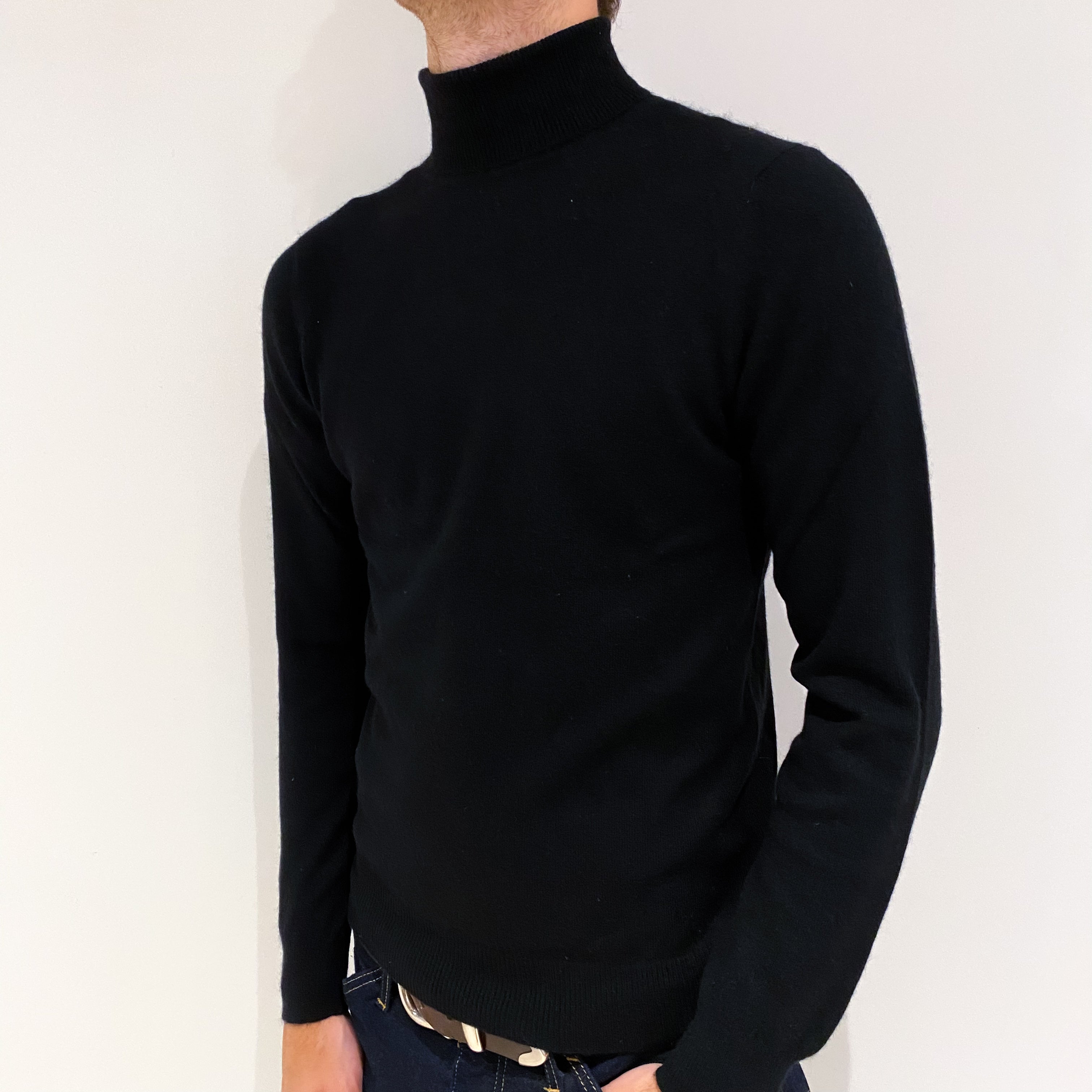 Men's Black Cashmere Polo Neck Jumper Medium