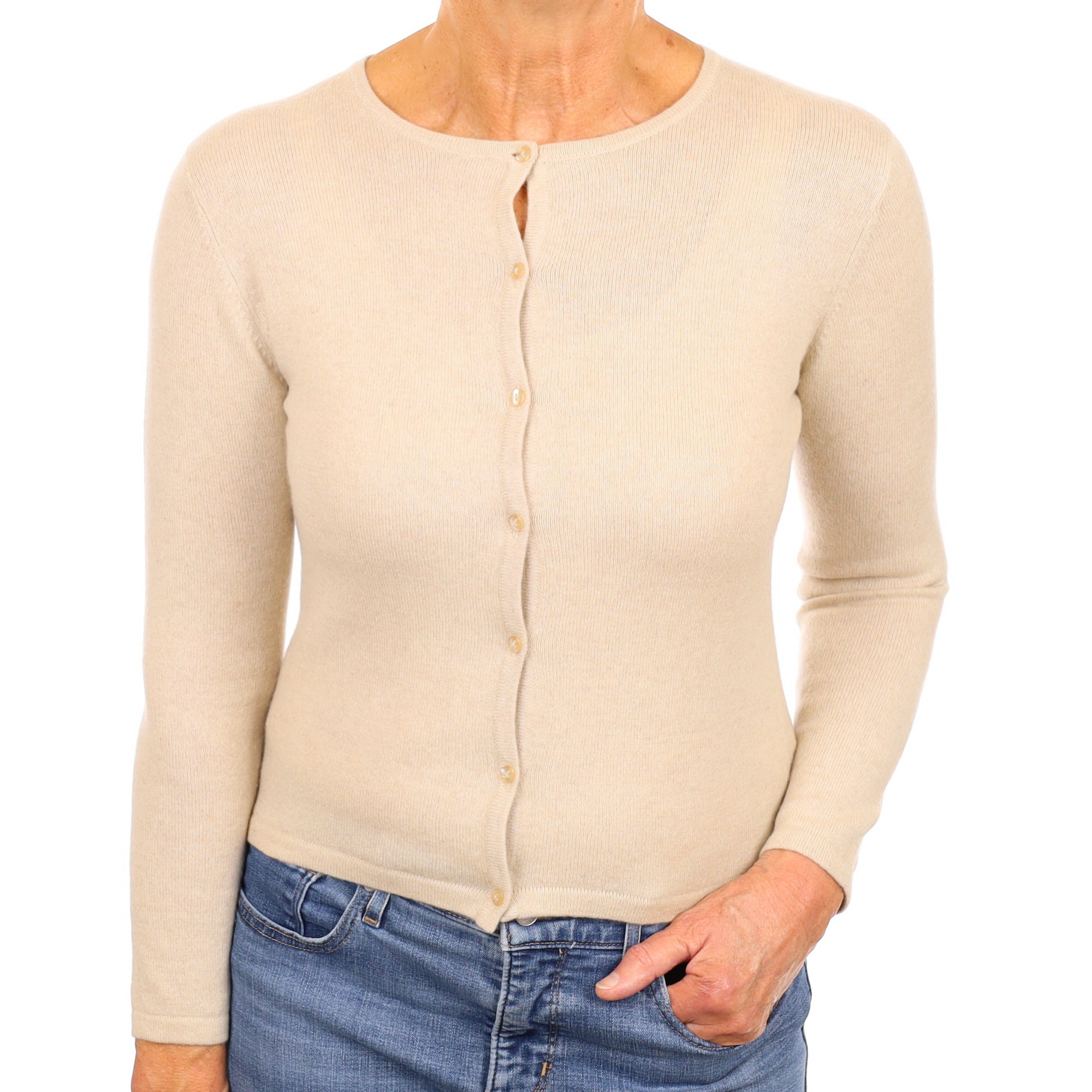 Honey Beige Cashmere Crew Neck Cardigan Medium