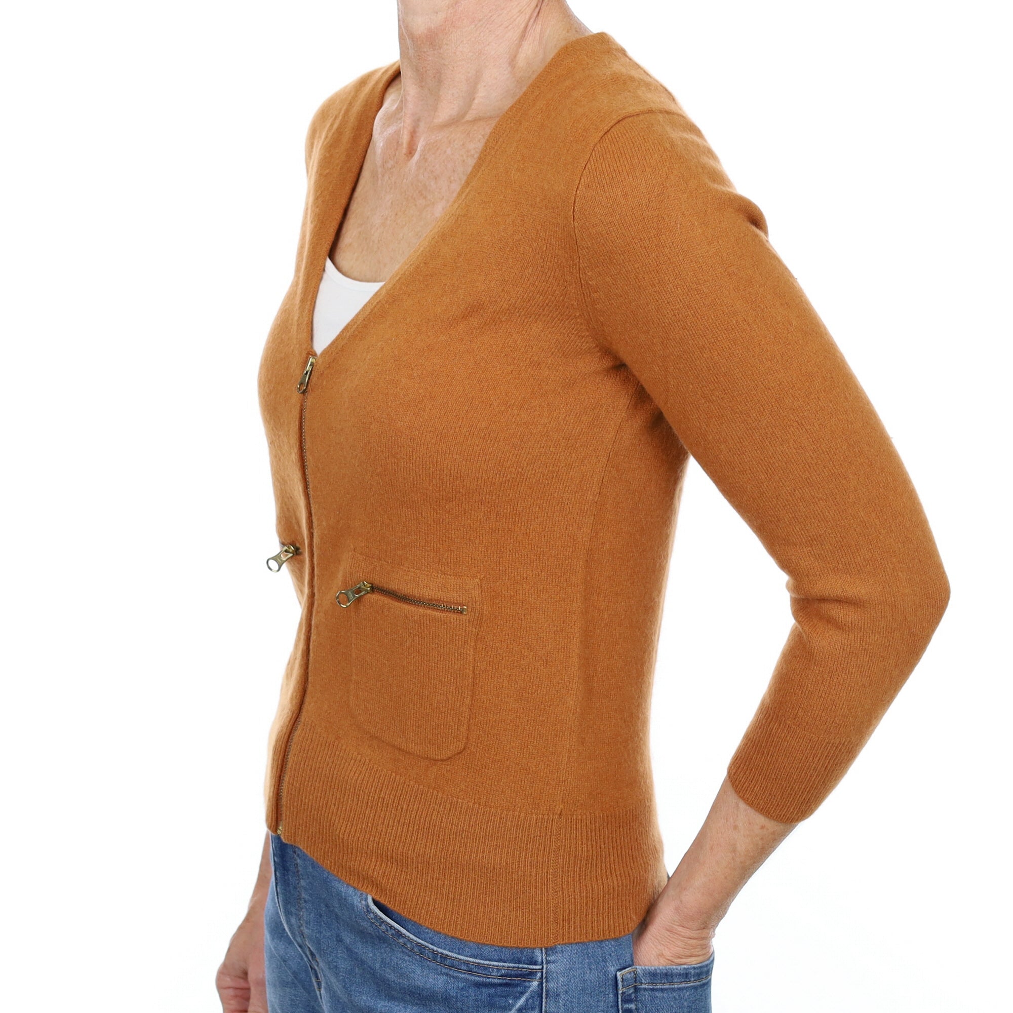Cinnamon Brown Cashmere Zip Up Cardigan Small