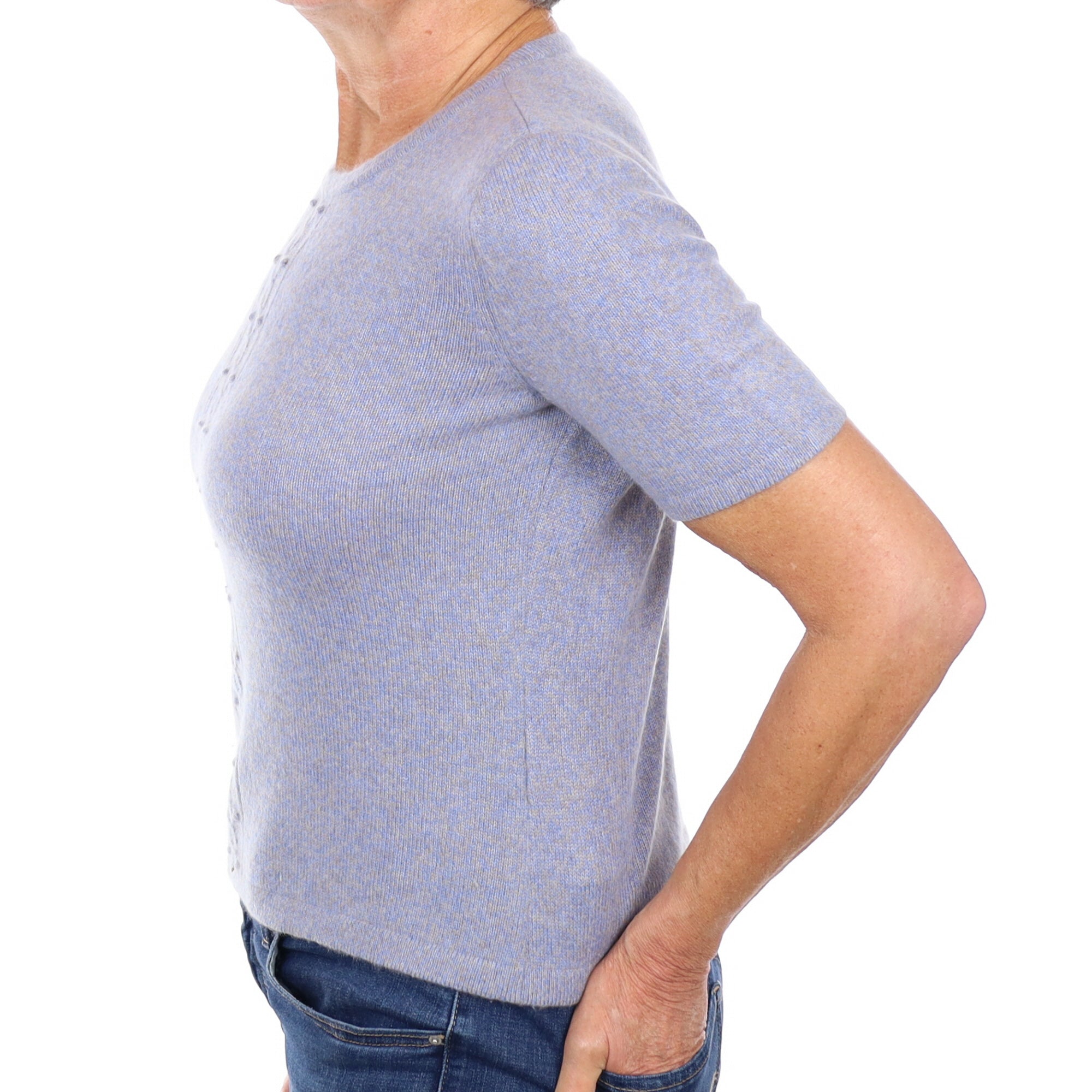 Blue Grey Marl Cashmere Short Sleeved Crew Neck Jumper Medium