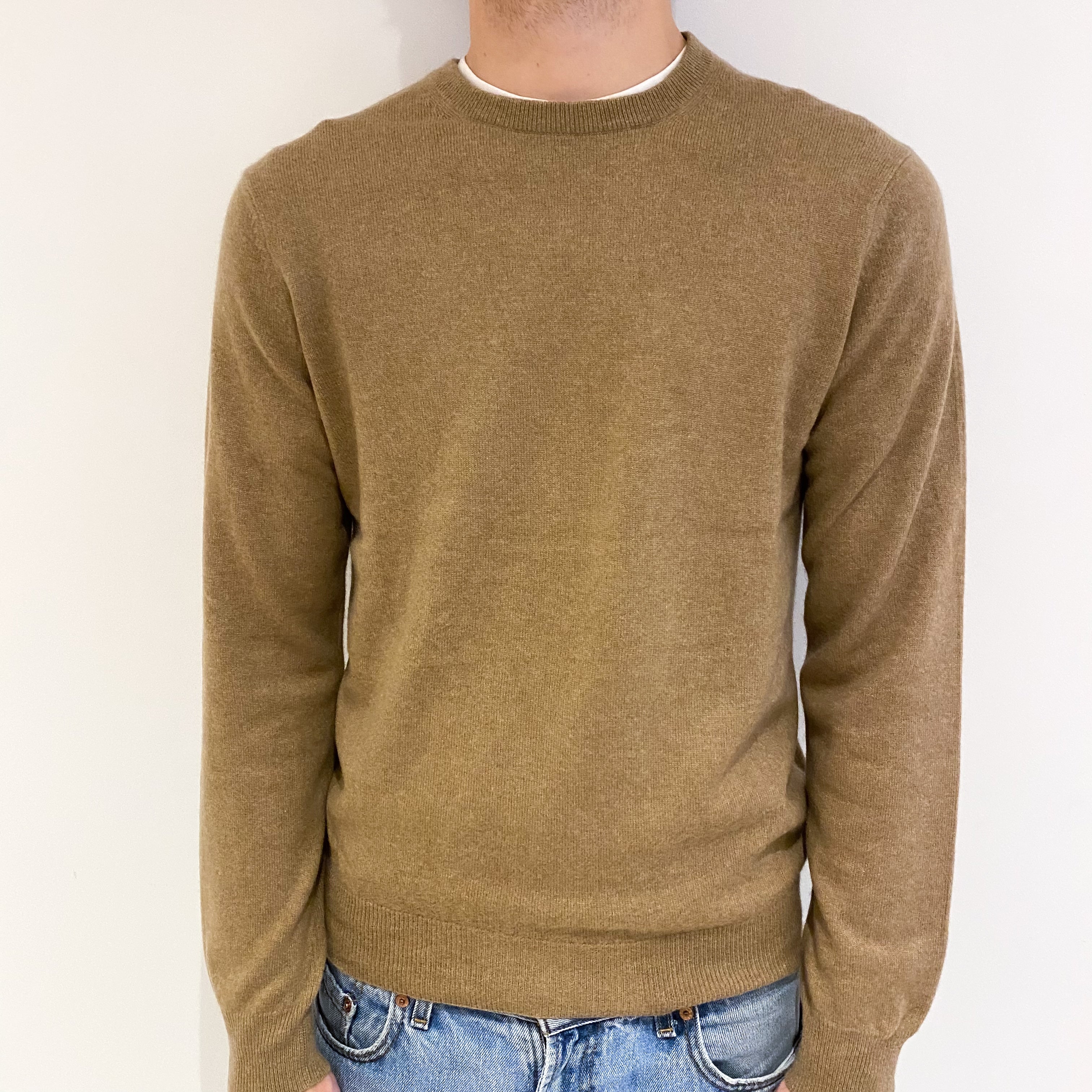 Men's Camel Brown Cashmere Crew Neck Jumper Large