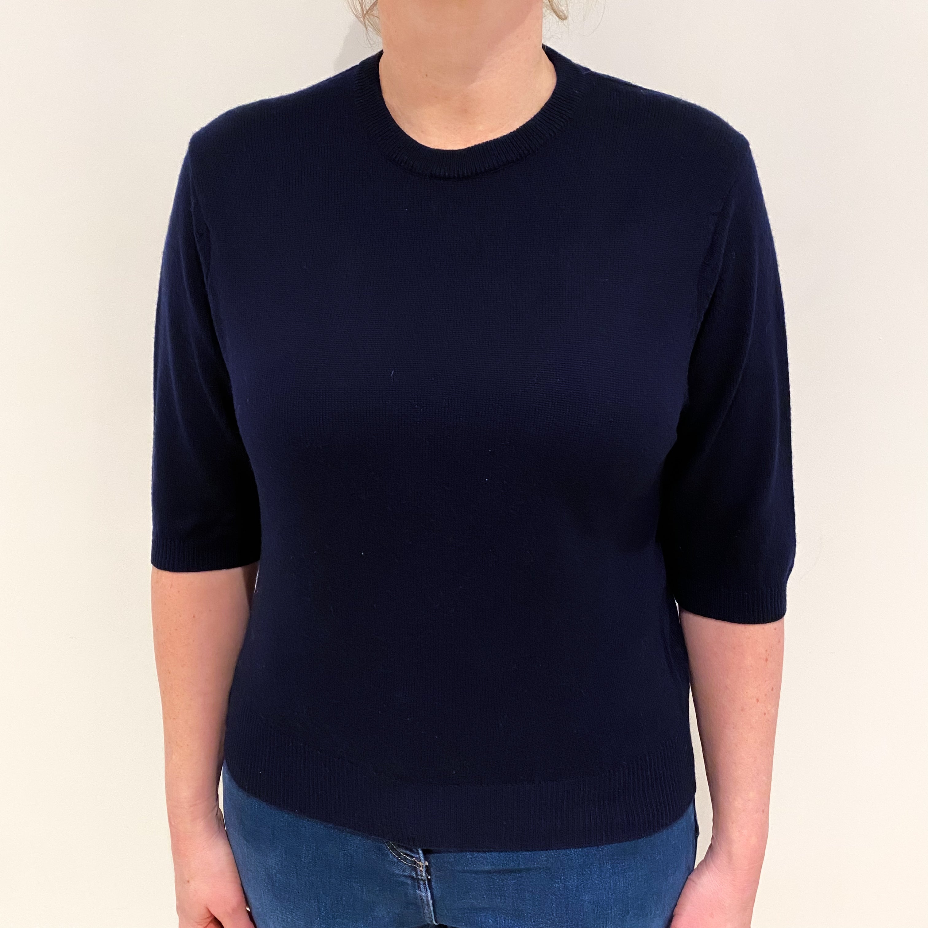 Navy Blue Cashmere Short Sleeved Crew Neck Jumper Large