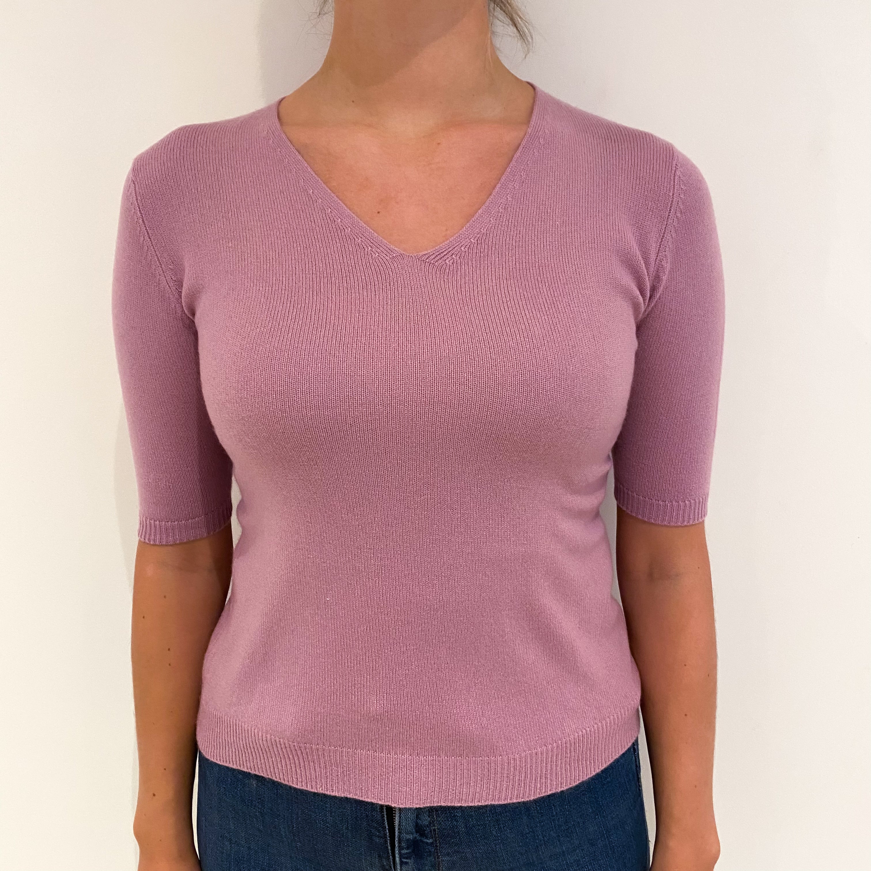 Mauve Purple Cashmere V Neck Short Sleeved Jumper Small