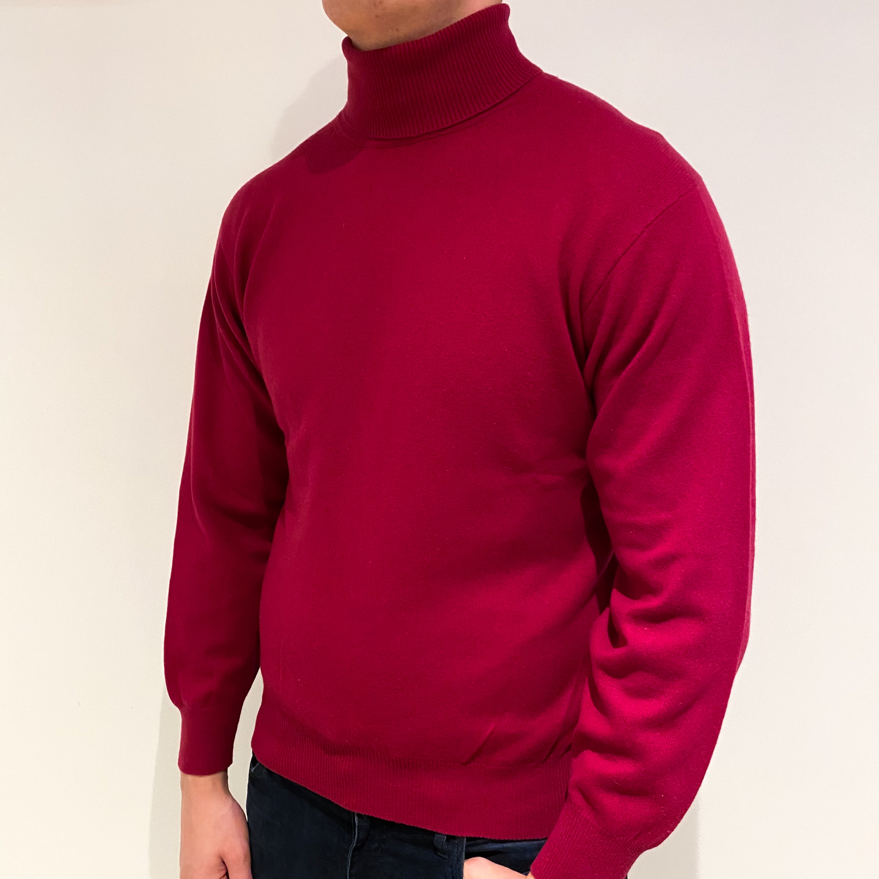 Men's Deep Cherry Red Cashmere Polo Neck Jumper XL