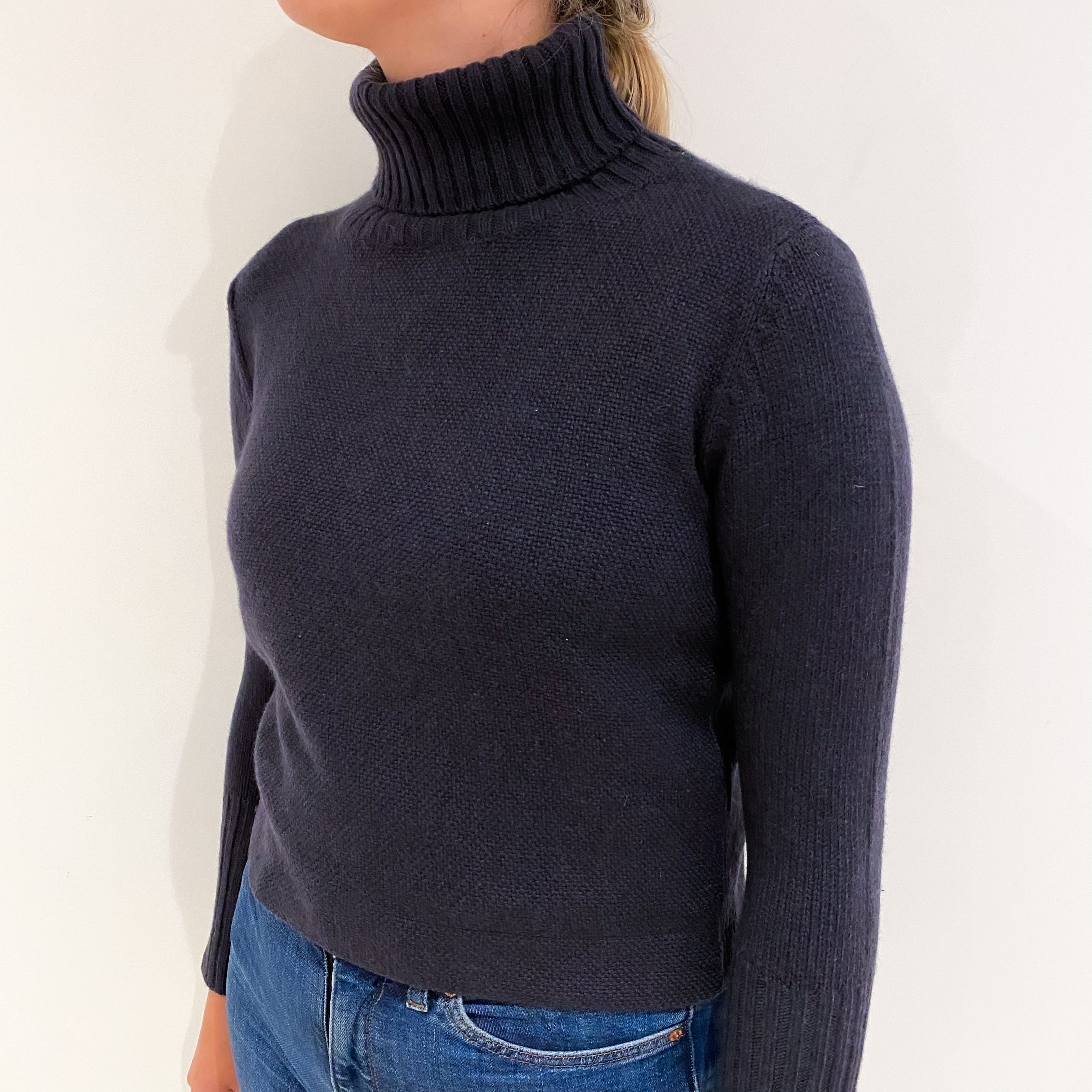 Dark Slate Grey Chunky Cashmere Polo Neck Jumper Small