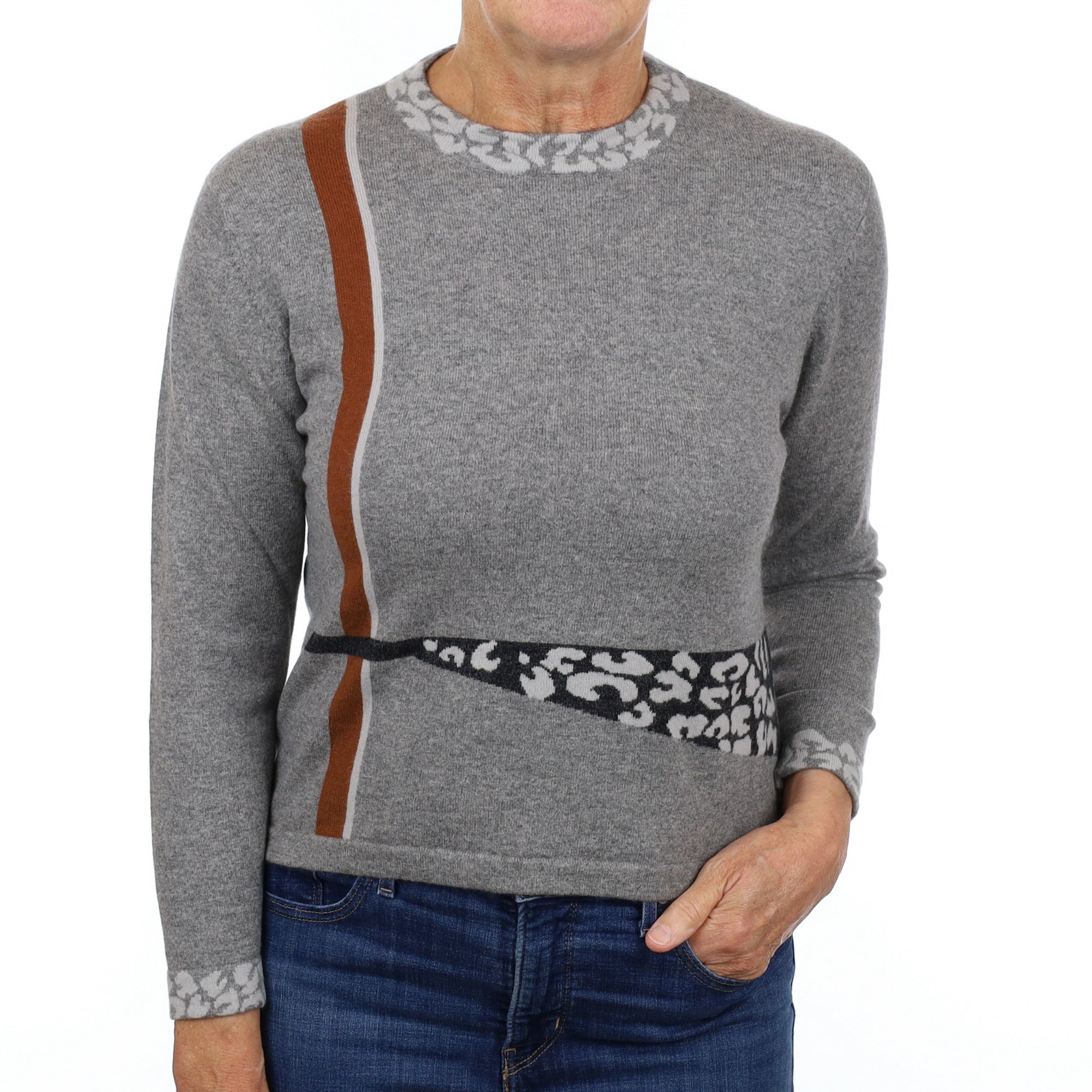 Ash Grey Patterned Cashmere High Crew Neck Jumper Medium