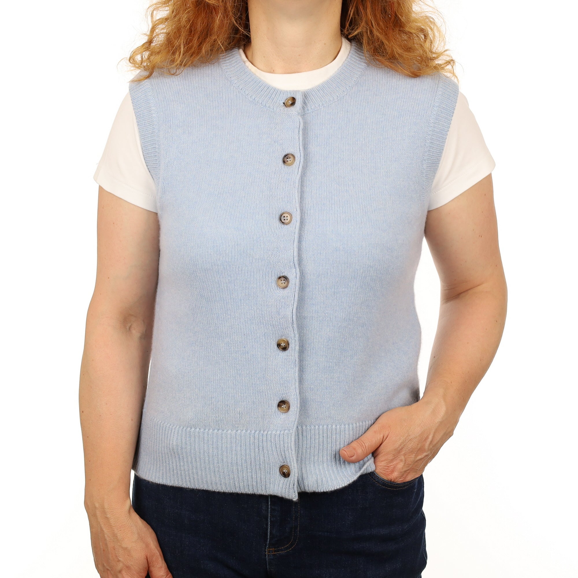 Brand New Baby Blue Luxury Cashmere Crew Neck Waistcoat Medium UK 12-14