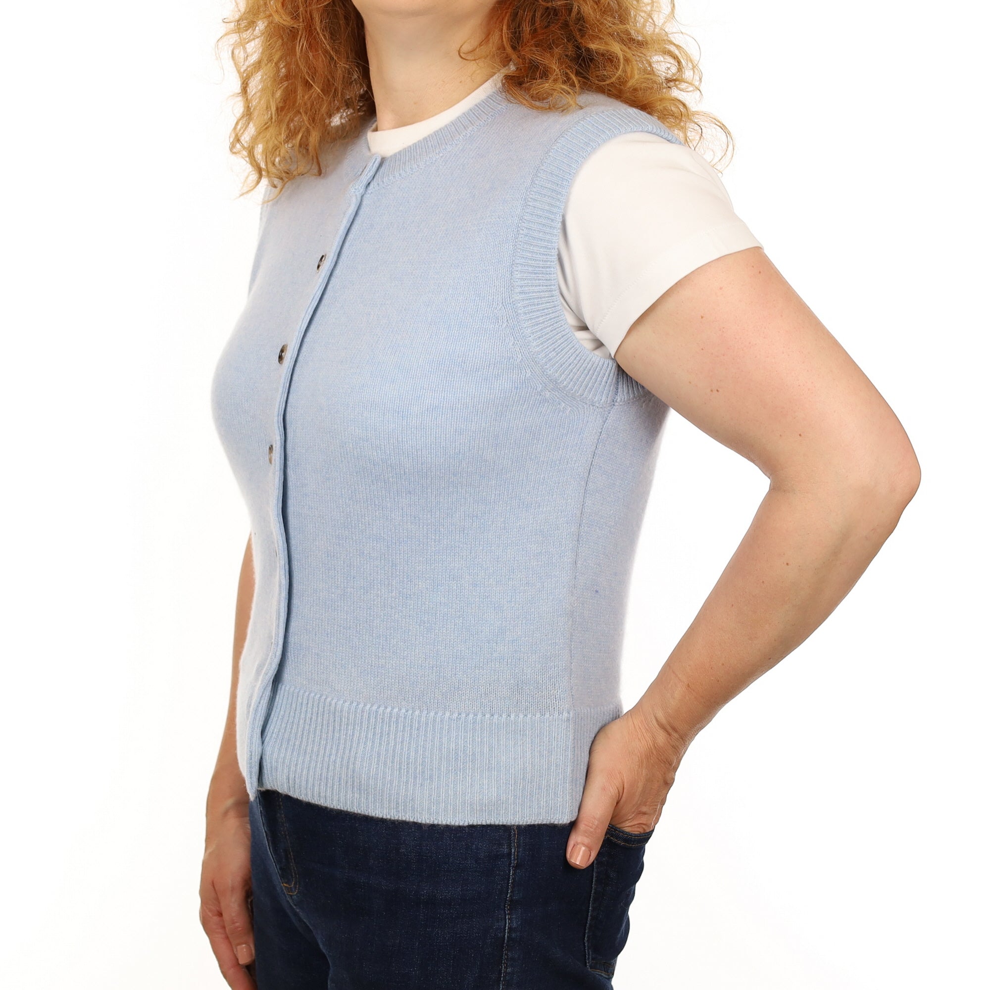Brand New Baby Blue Luxury Cashmere Crew Neck Waistcoat Medium UK 12-14