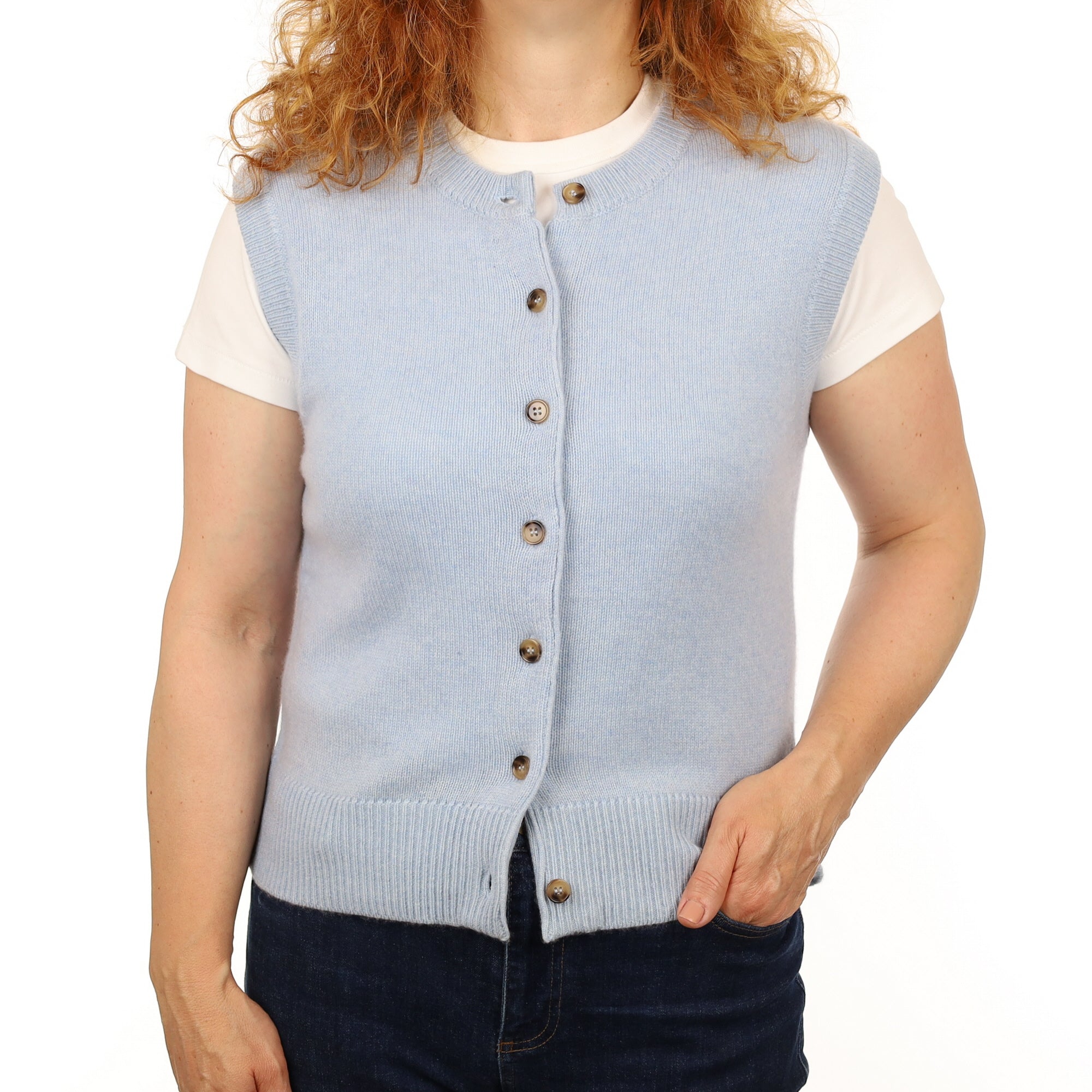 Brand New Baby Blue Luxury Cashmere Crew Neck Waistcoat Medium UK 12-14