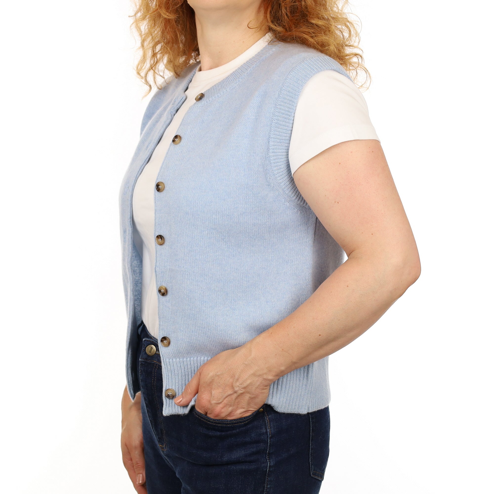 Brand New Baby Blue Luxury Cashmere Crew Neck Waistcoat Medium UK 12-14