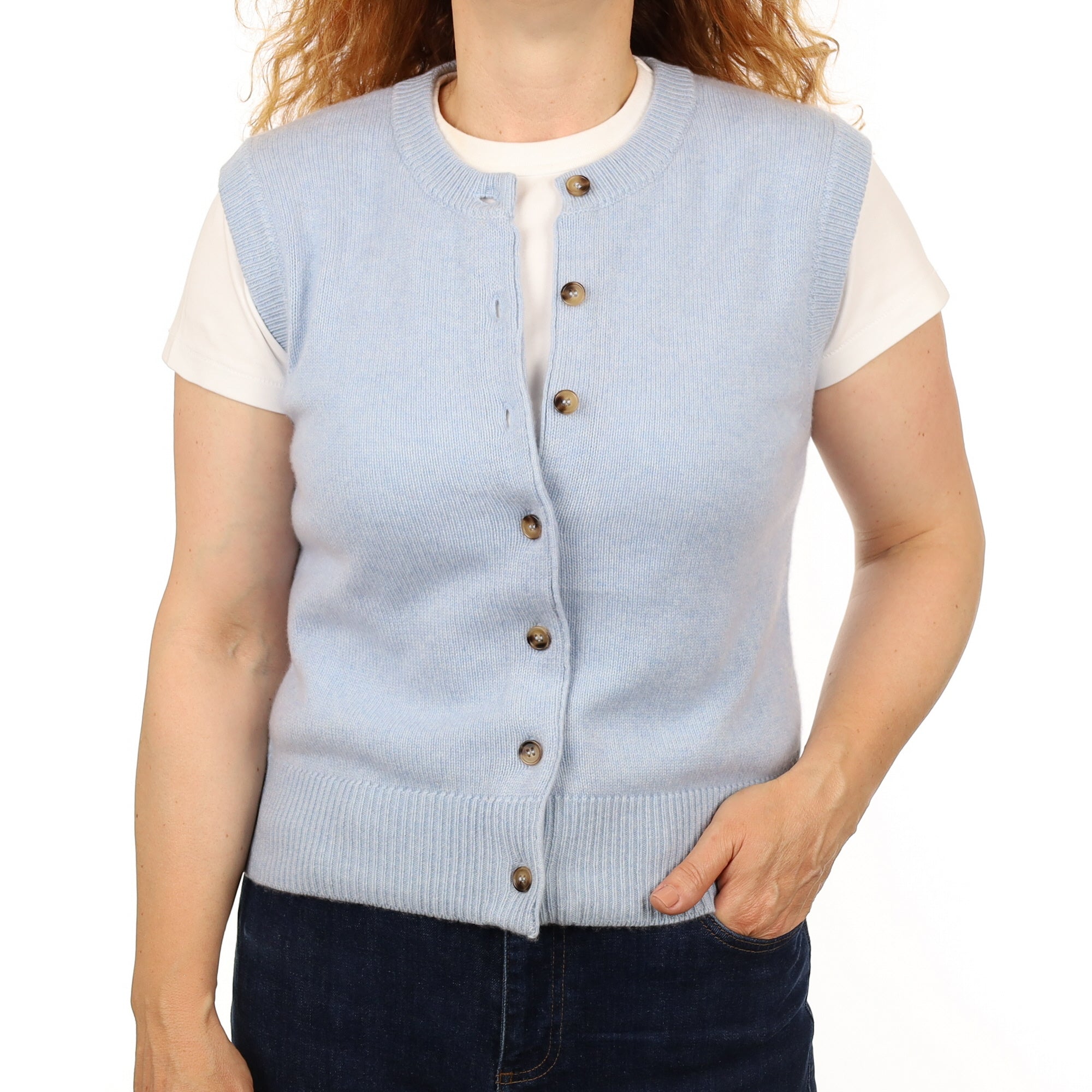 Brand New Baby Blue Luxury Cashmere Crew Neck Waistcoat Medium UK 12-14