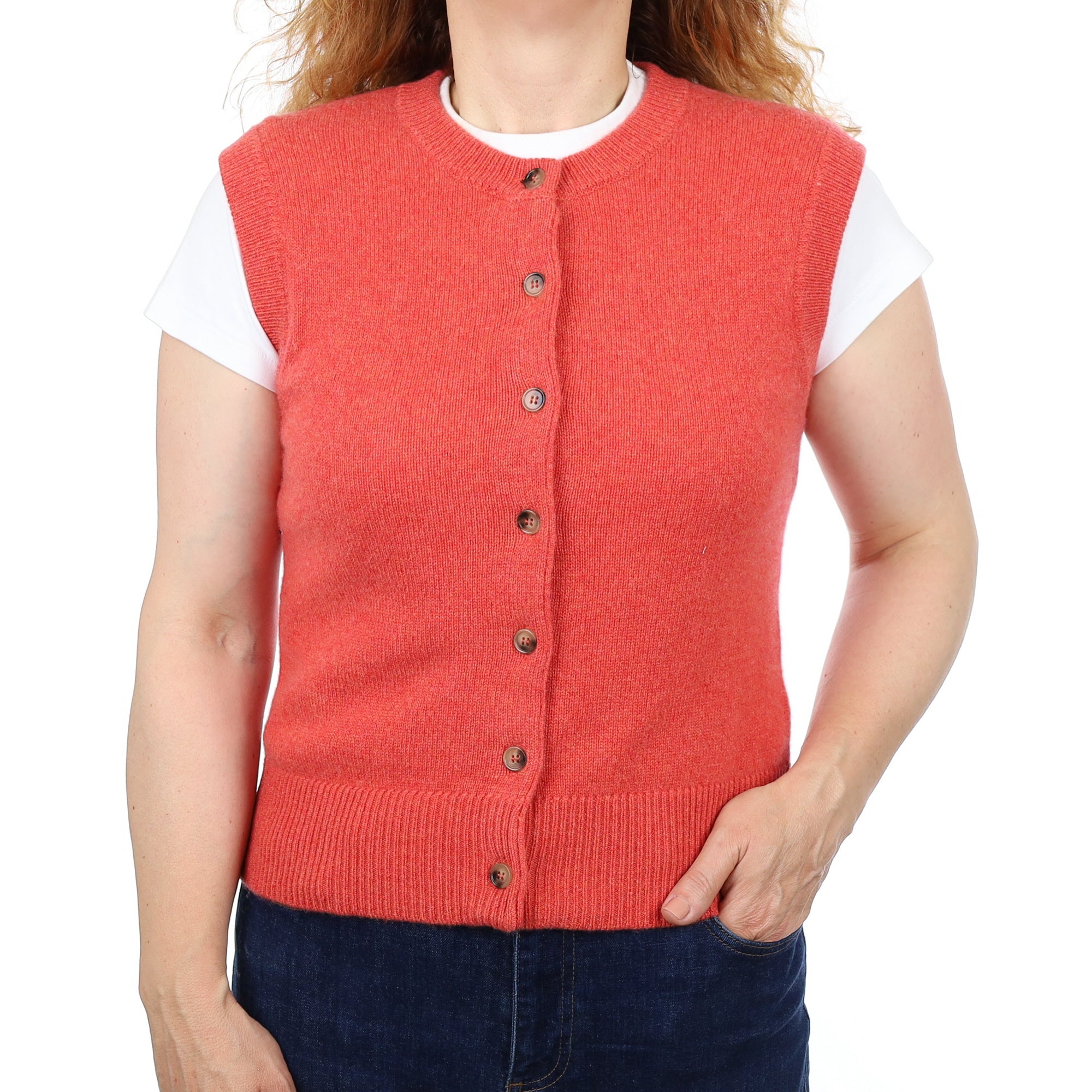 Brand New Watermelon Orange Luxury Cashmere Crew Neck Waistcoat Medium UK 12-14
