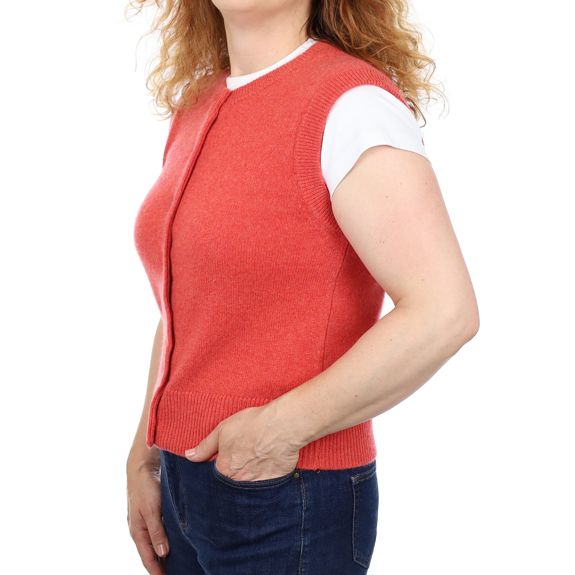 Brand New Watermelon Orange Luxury Cashmere Crew Neck Waistcoat Medium UK 12-14