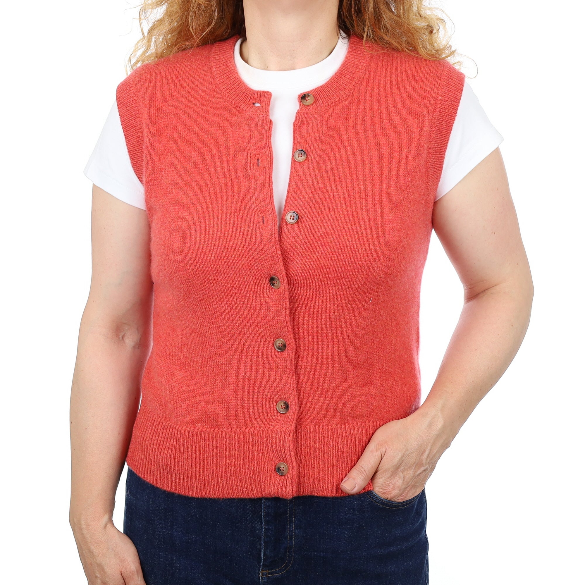 Brand New Watermelon Orange Luxury Cashmere Crew Neck Waistcoat Medium UK 12-14