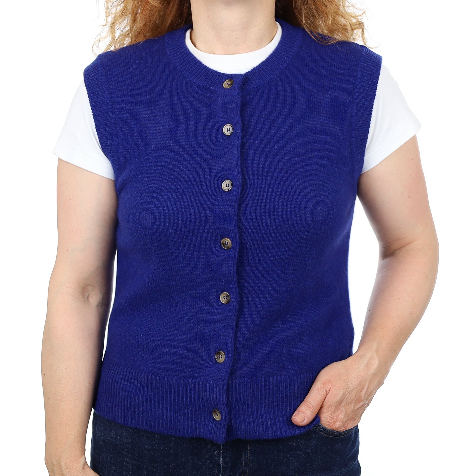 Brand New Lapis Blue Luxury Cashmere Crew Neck Waistcoat Medium UK 12-14