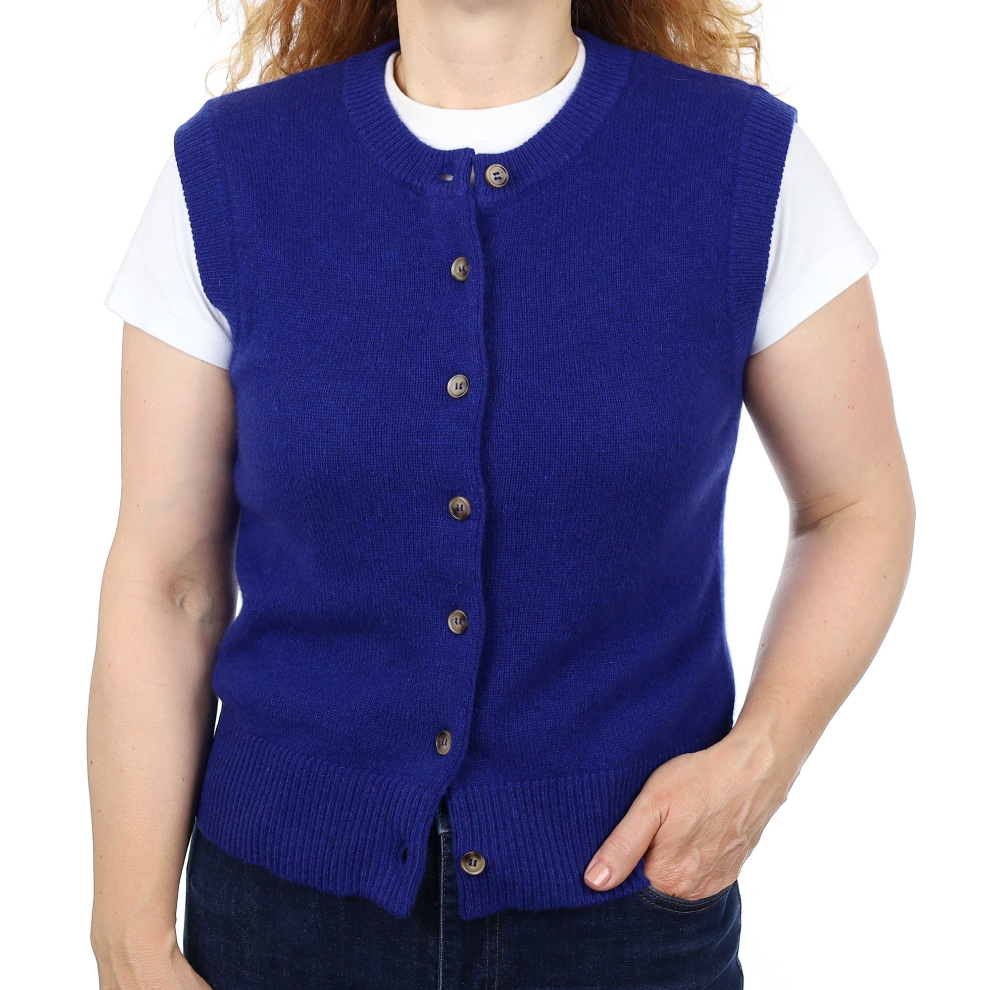 Brand New Lapis Blue Luxury Cashmere Crew Neck Waistcoat Medium UK 12-14