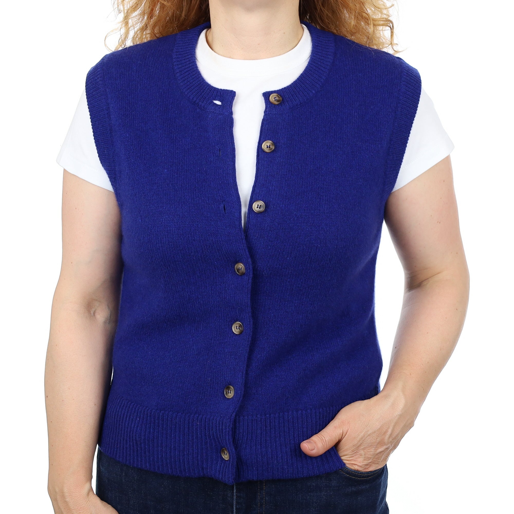 Brand New Lapis Blue Luxury Cashmere Crew Neck Waistcoat Medium UK 12-14