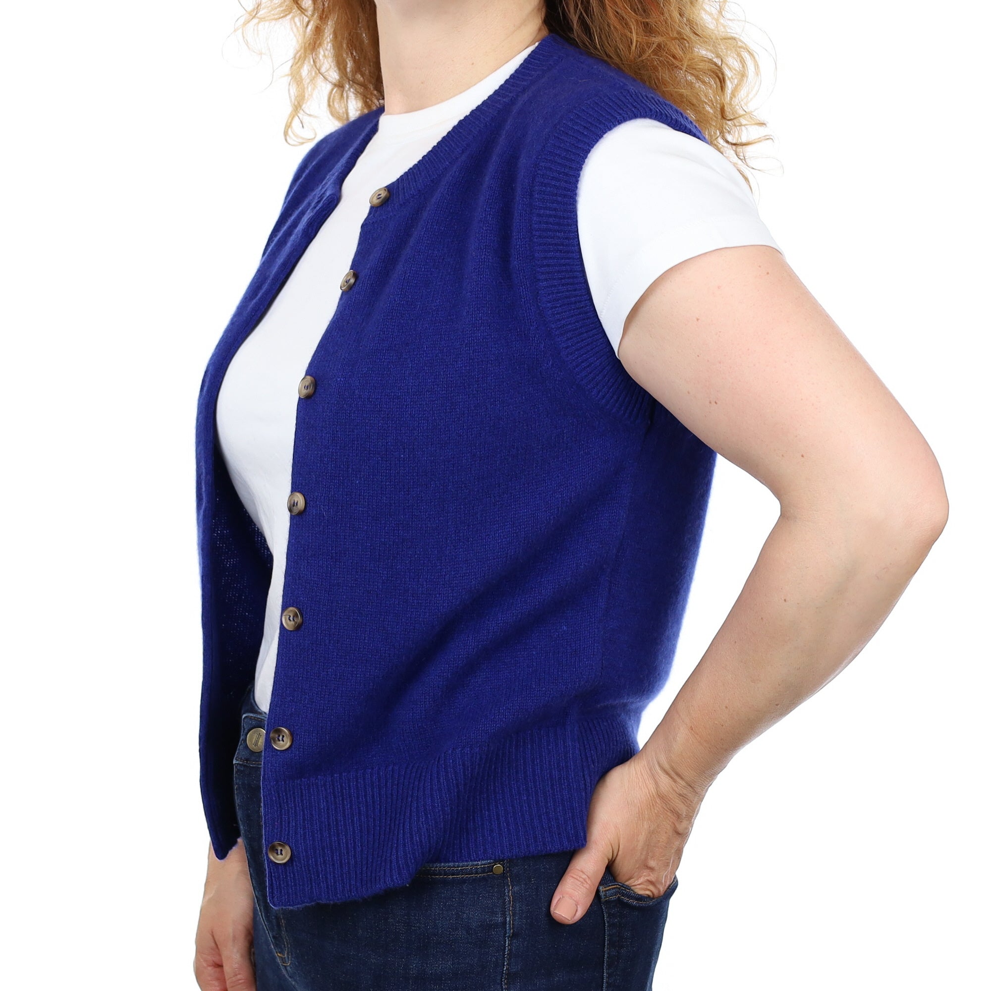 Brand New Lapis Blue Luxury Cashmere Crew Neck Waistcoat Medium UK 12-14