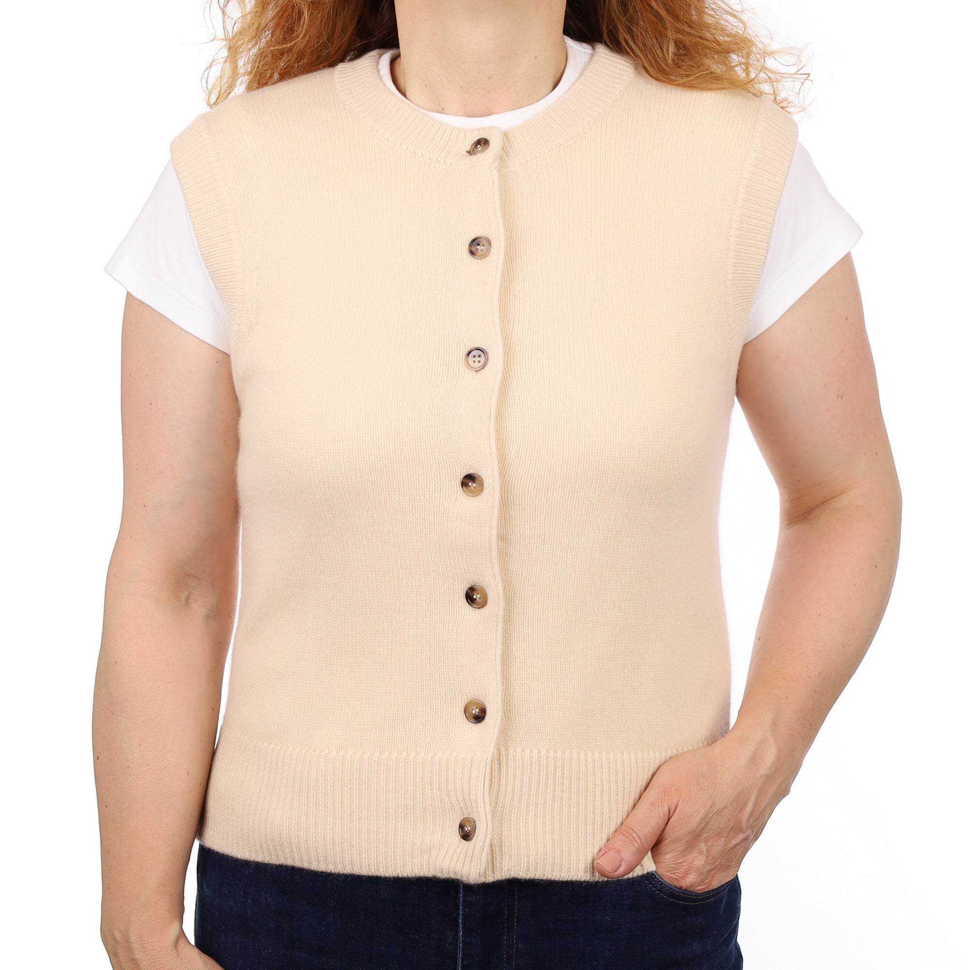 Brand New Vanilla Cream Luxury Cashmere Crew Neck Waistcoat Medium UK 12-14