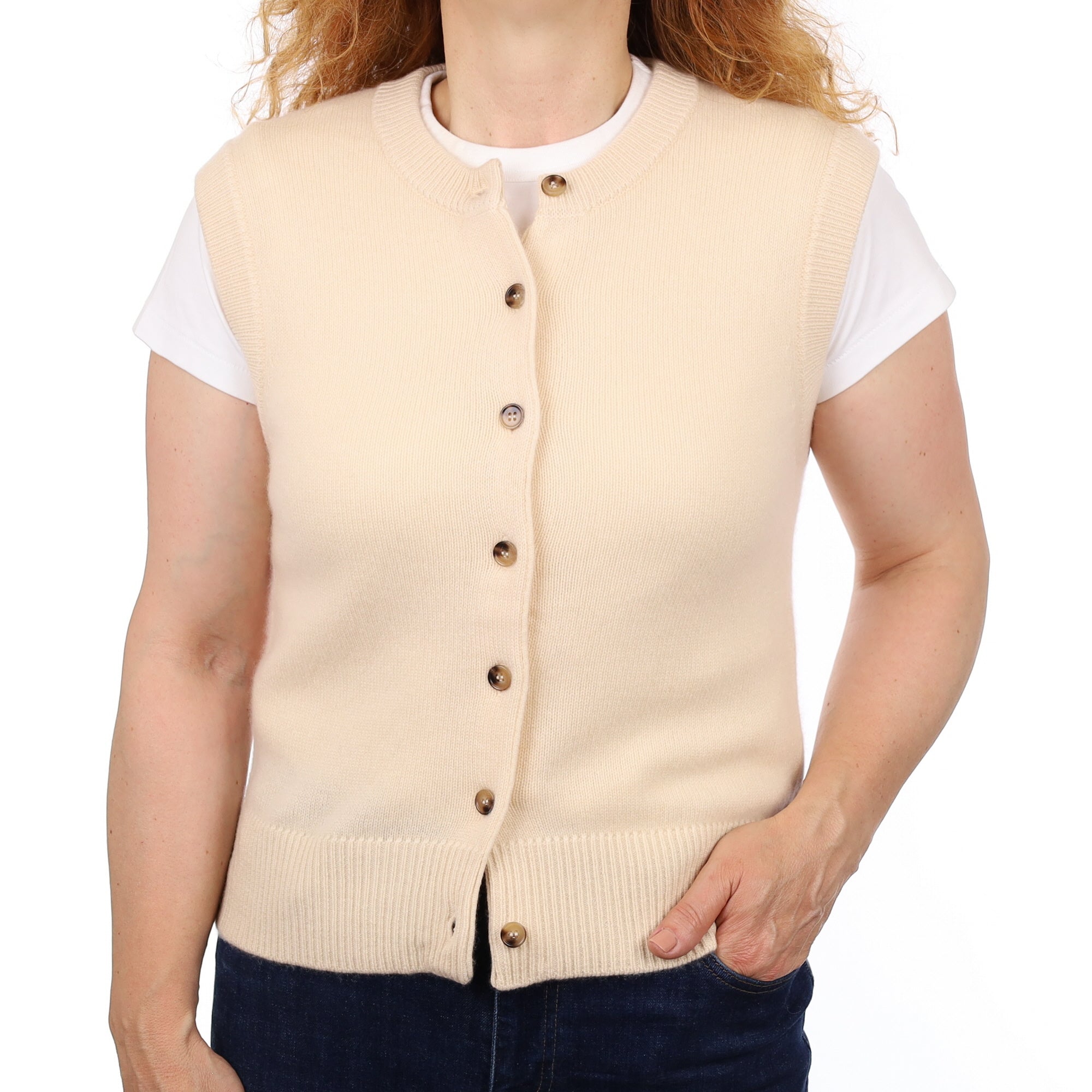 Brand New Vanilla Cream Luxury Cashmere Crew Neck Waistcoat Medium UK 12-14