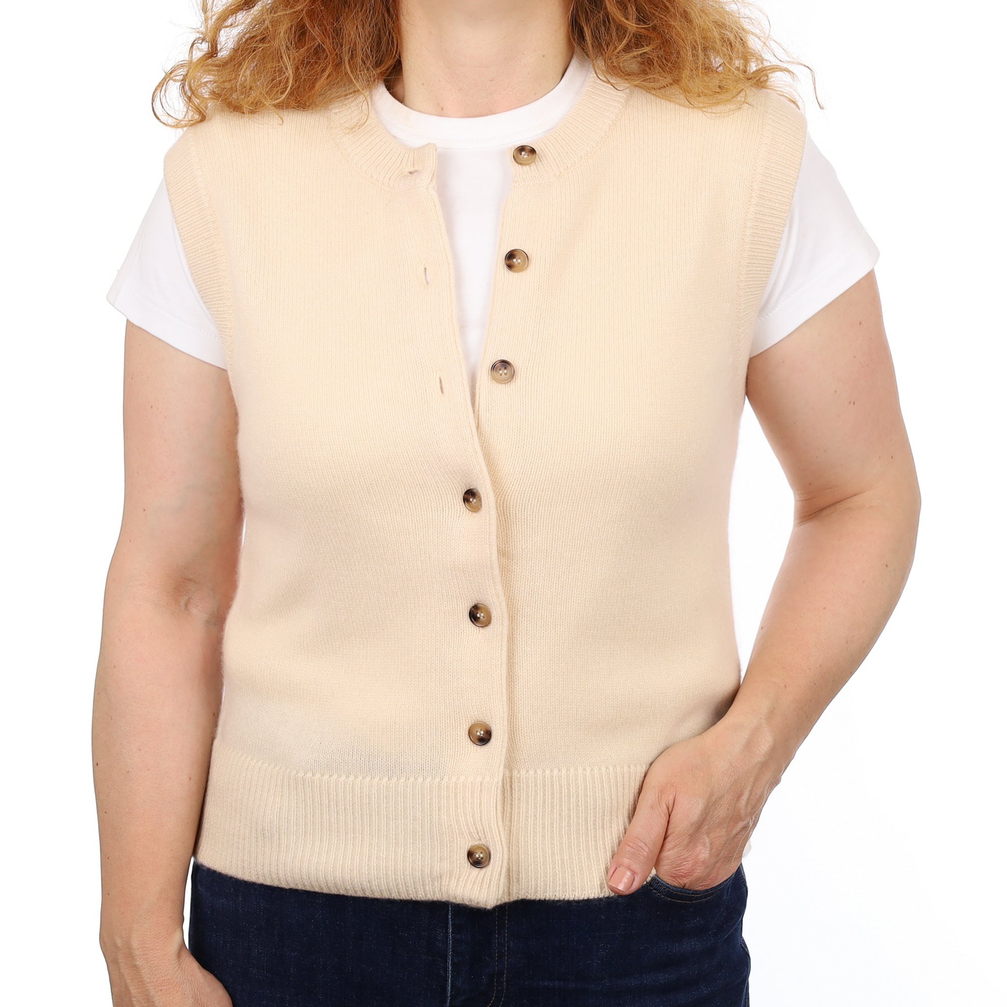 Brand New Vanilla Cream Luxury Cashmere Crew Neck Waistcoat Medium UK 12-14