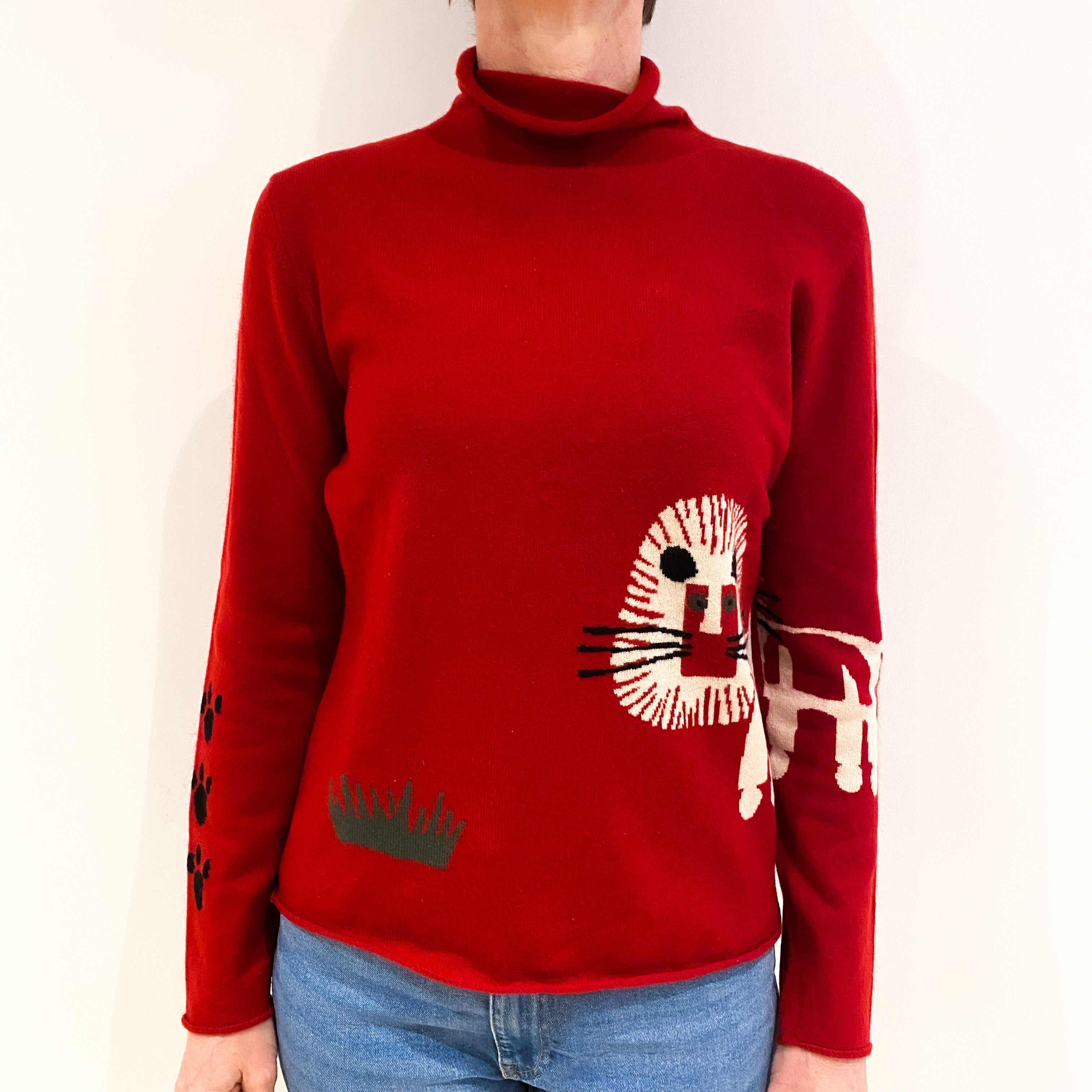 Scarlet Red Lion Design Cashmere Funnel Neck Jumper Small
