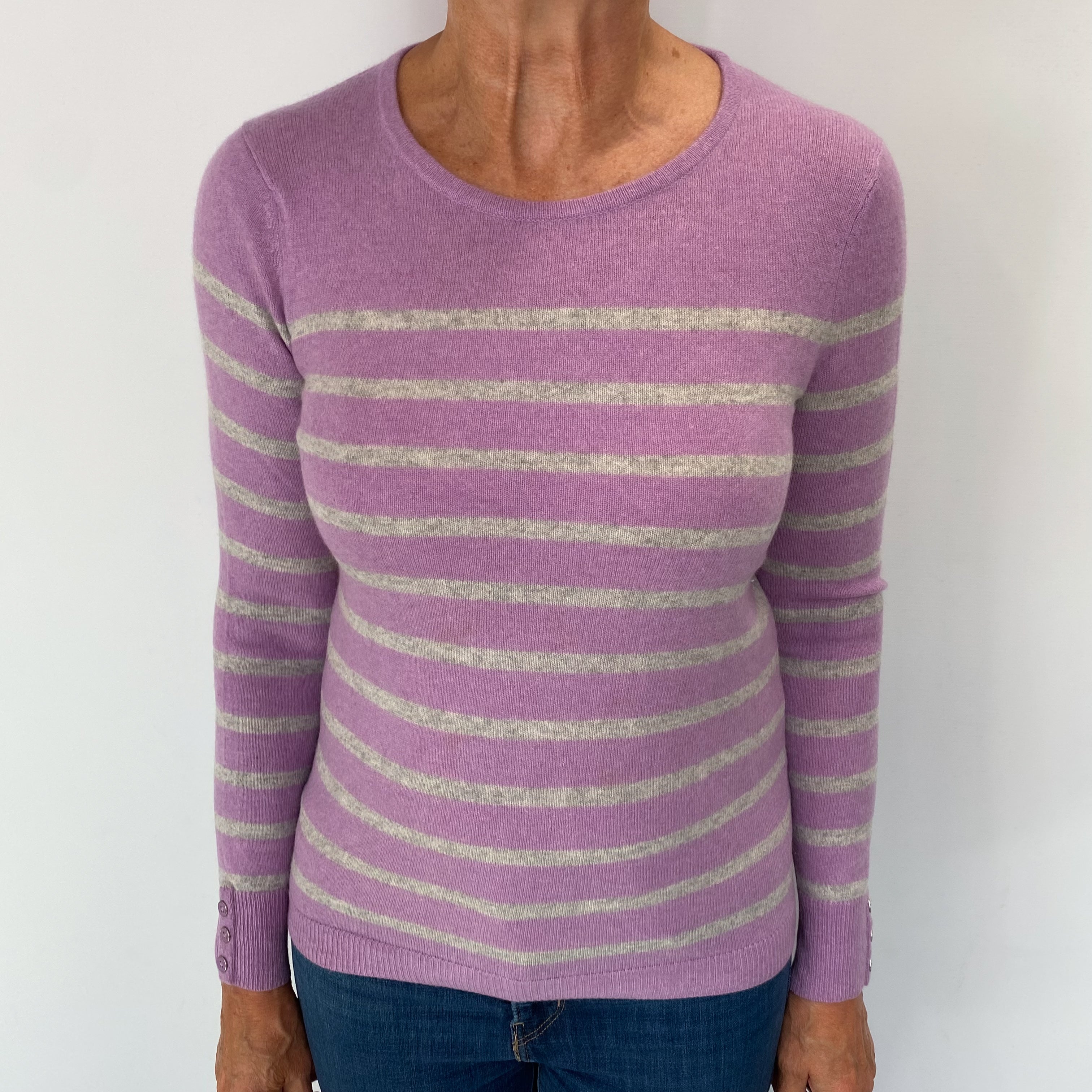 Lilac And Grey Striped Cashmere Crew Neck Jumper Medium