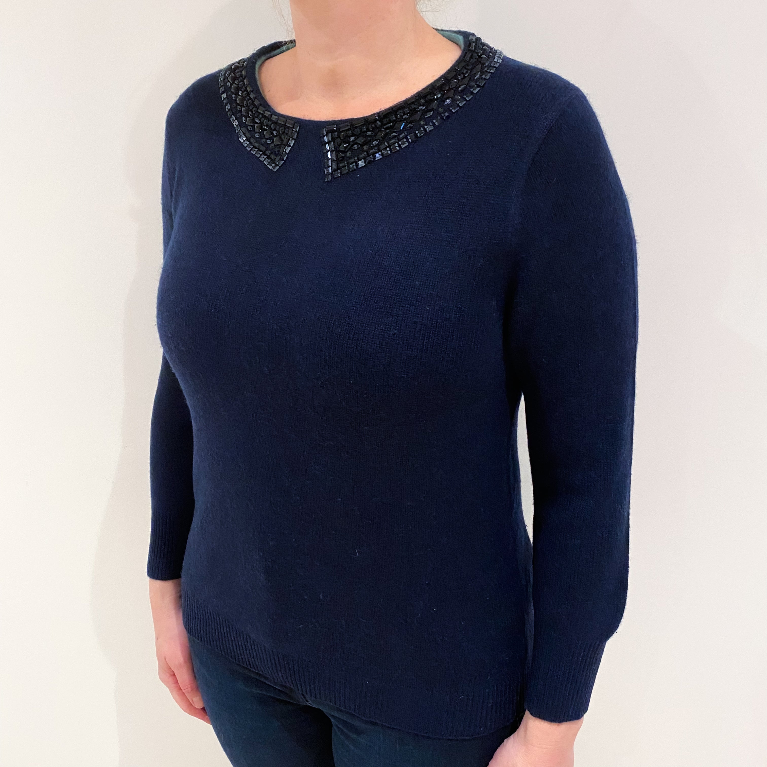 Navy Blue Beaded Collar Cashmere Crew Neck Jumper Large