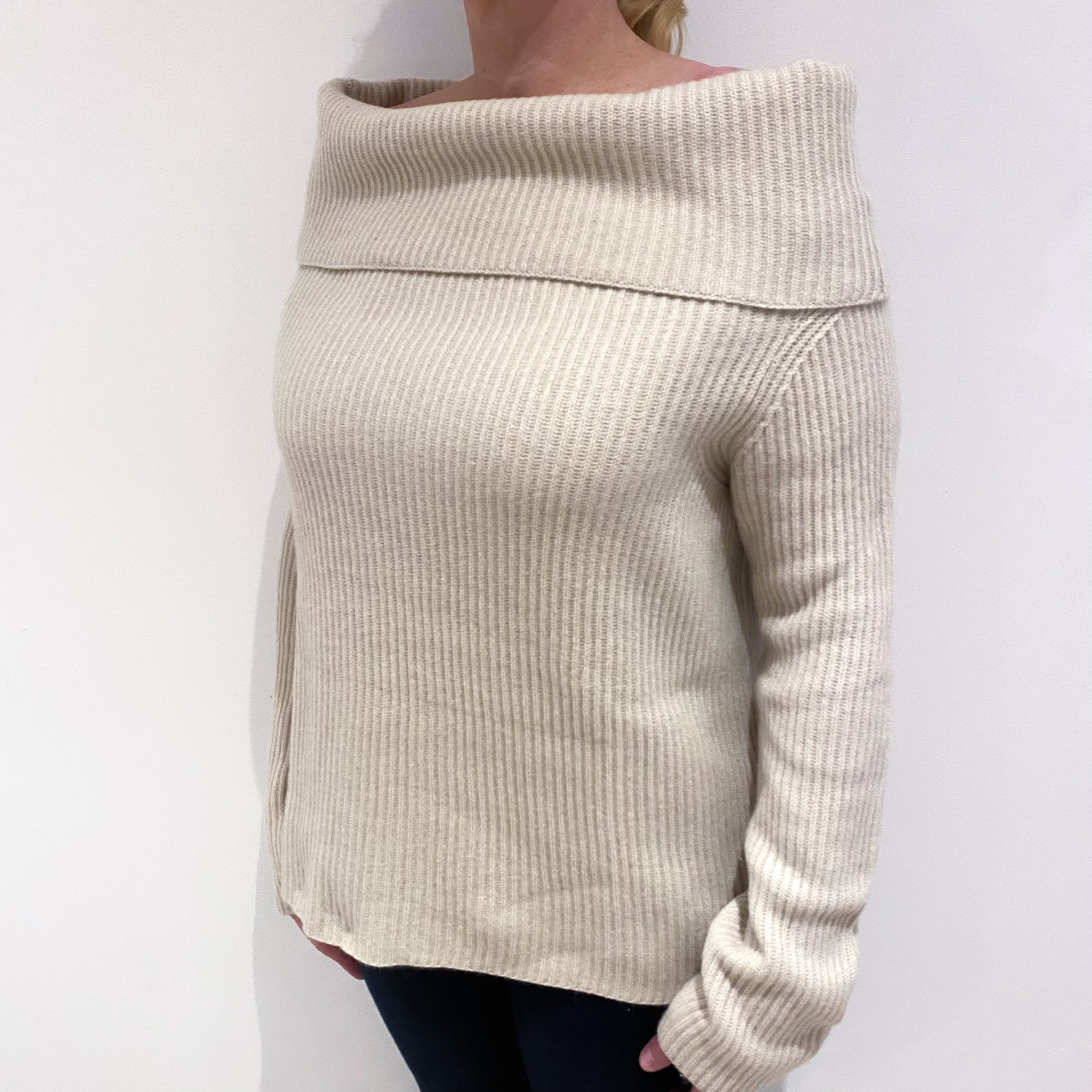 Oatmeal Beige Cashmere Off The Shoulder Jumper Large