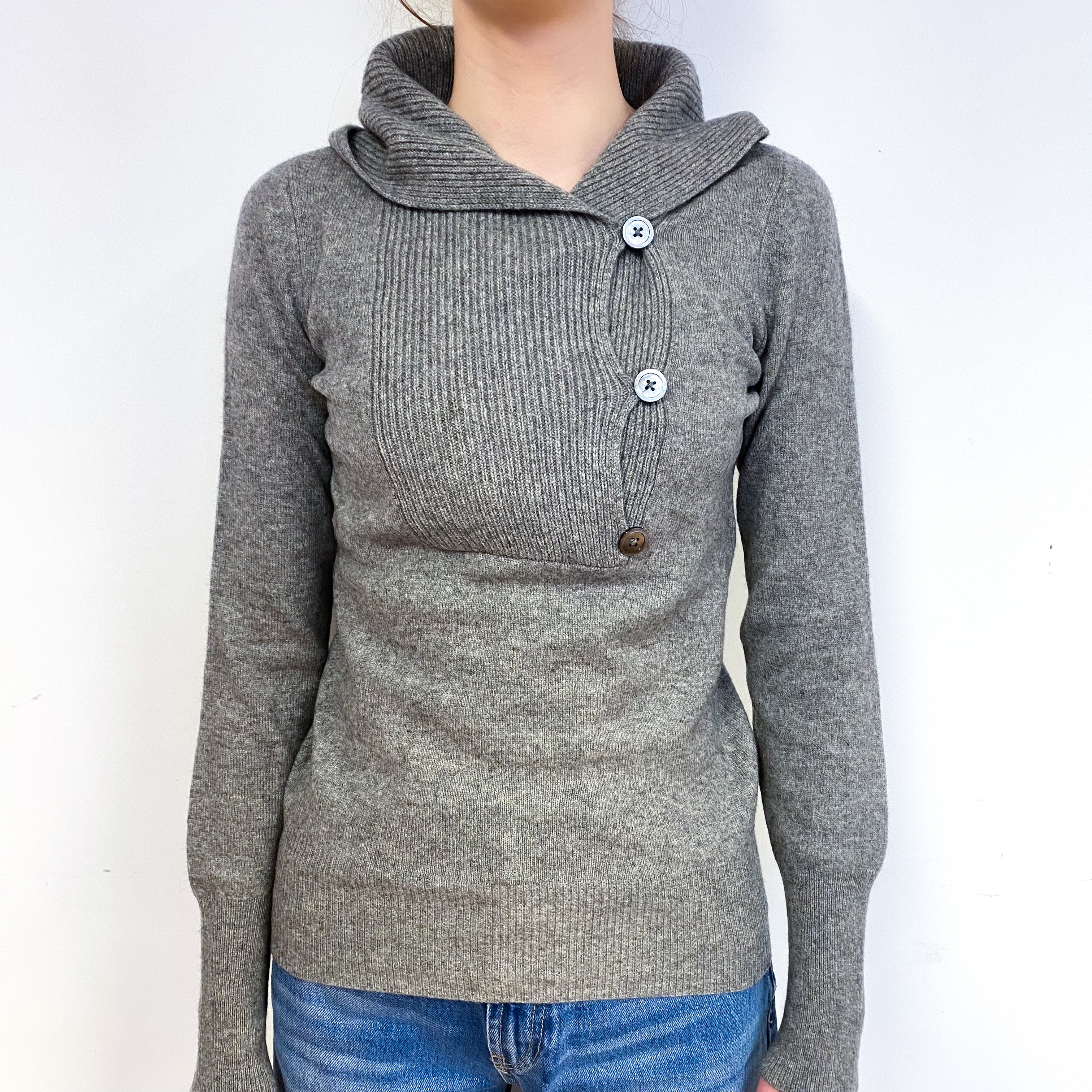 Steel Grey Cashmere Button Neck Hoodie Jumper Extra Small