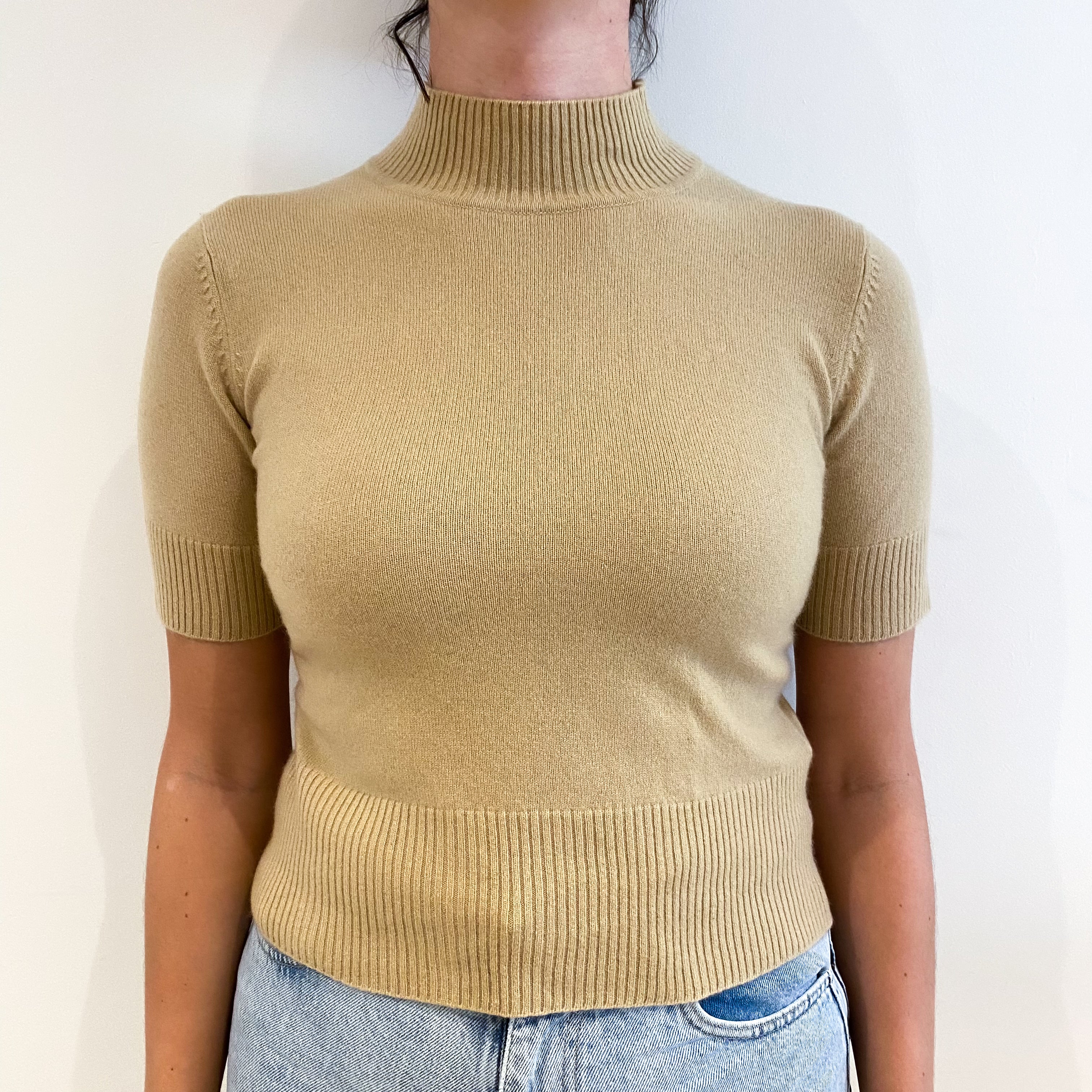 Sand Beige Cashmere Turtle Neck Short Sleeved Jumper Small