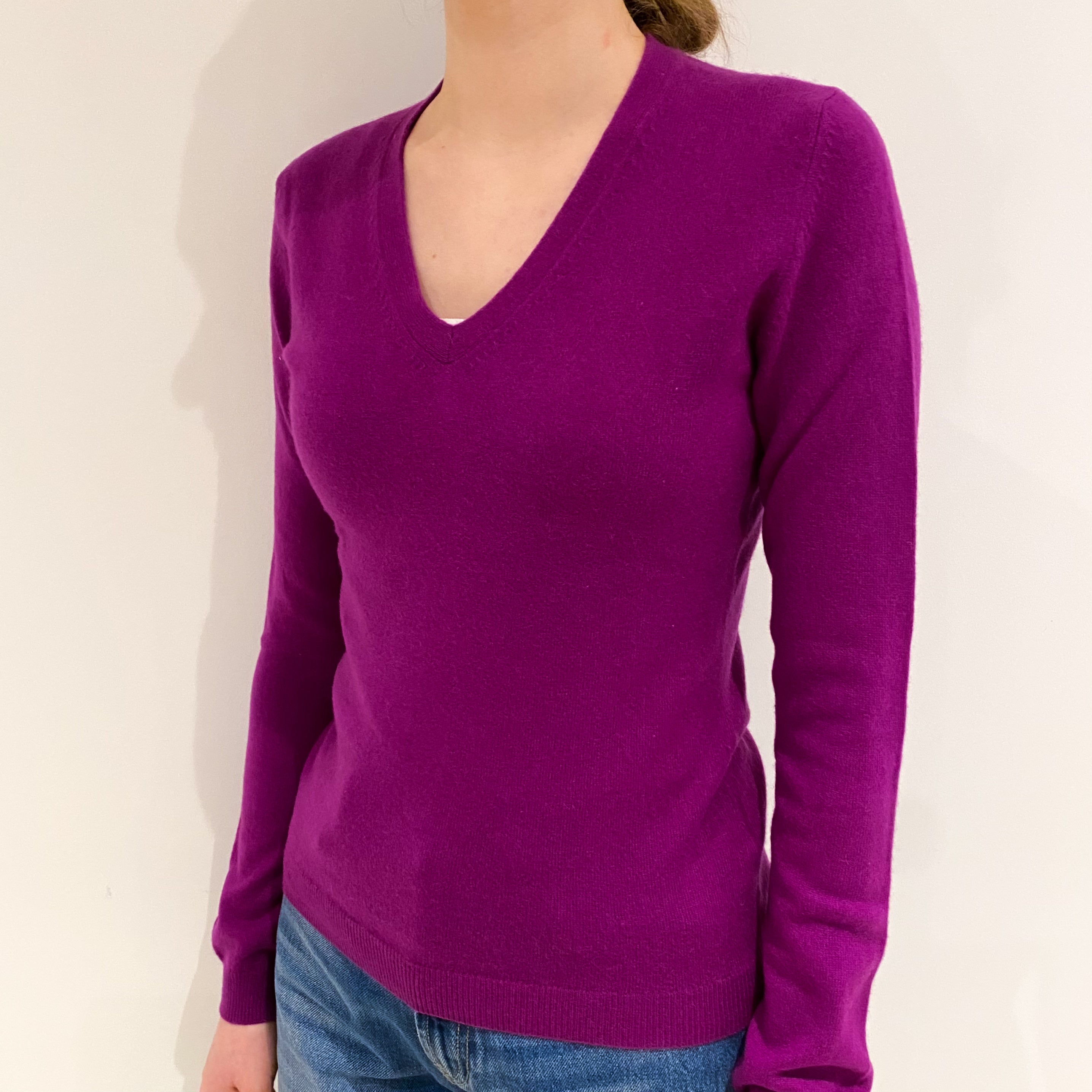Magenta Purple Cashmere V Neck Jumper Extra Small