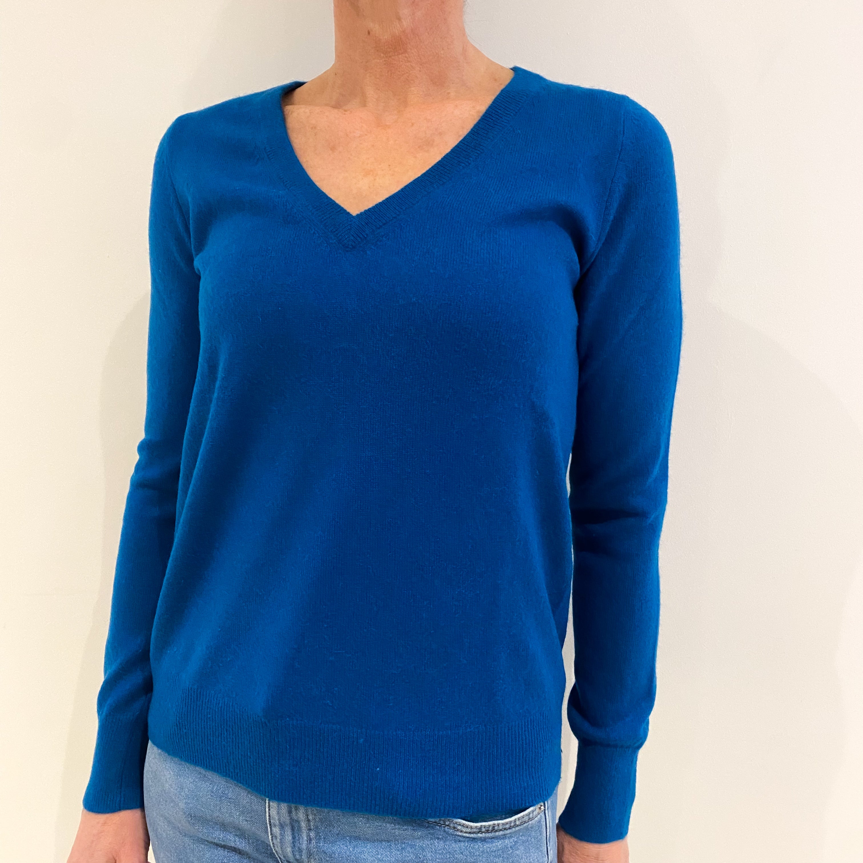 Teal Blue Cashmere V Neck Jumper Small
