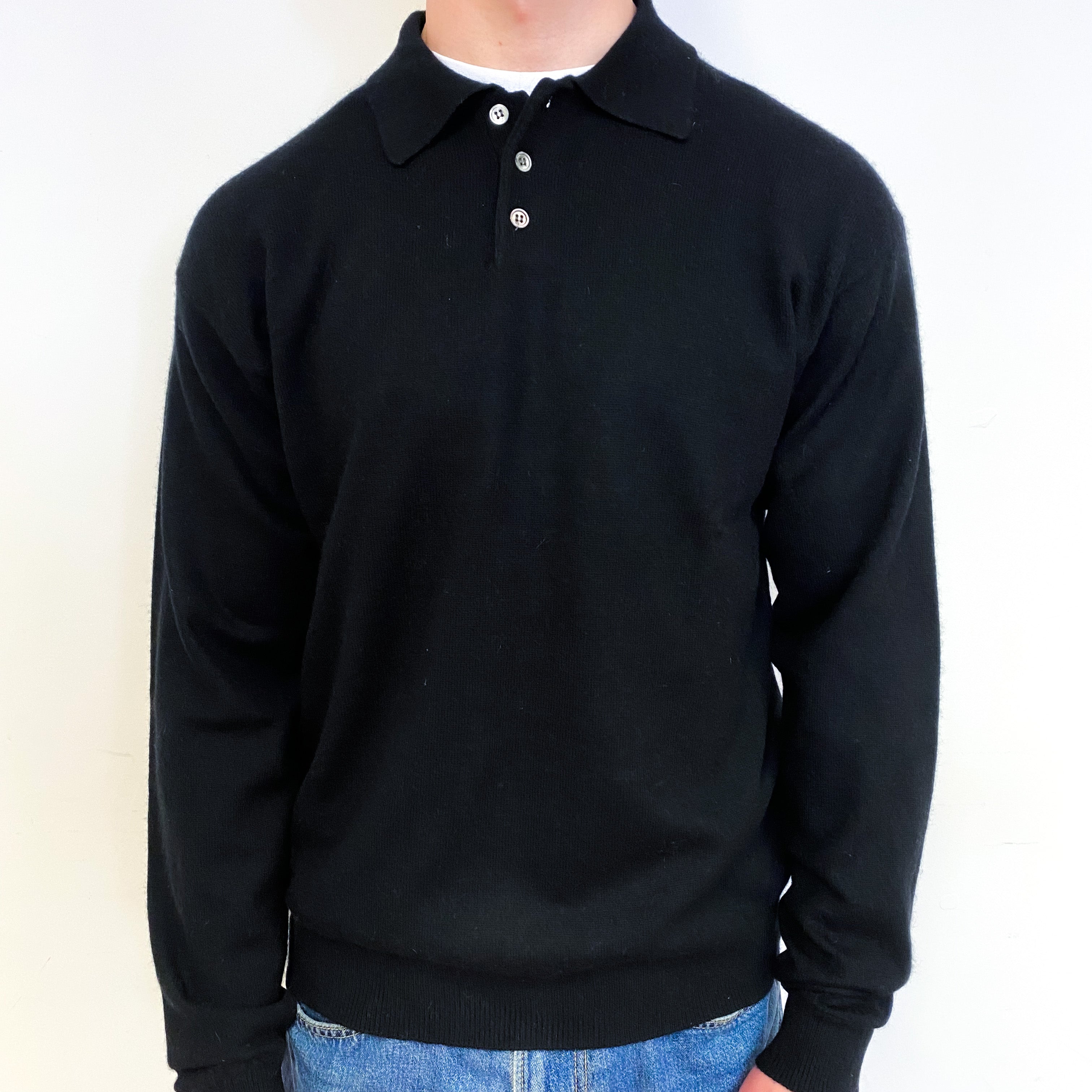 Men's Black Cashmere Collared 1/4 Button Jumper Small
